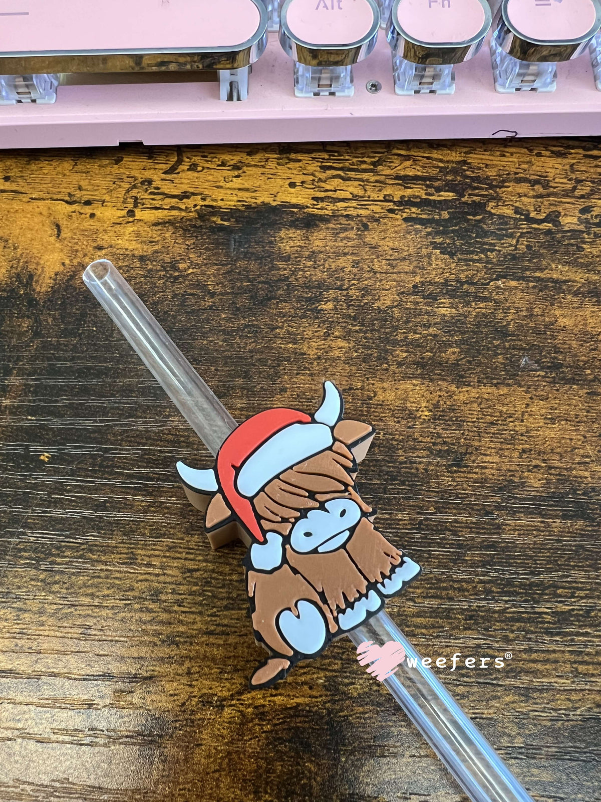 Red Hat Christmas Highlander Cow Straw Topper Buddy Weefers