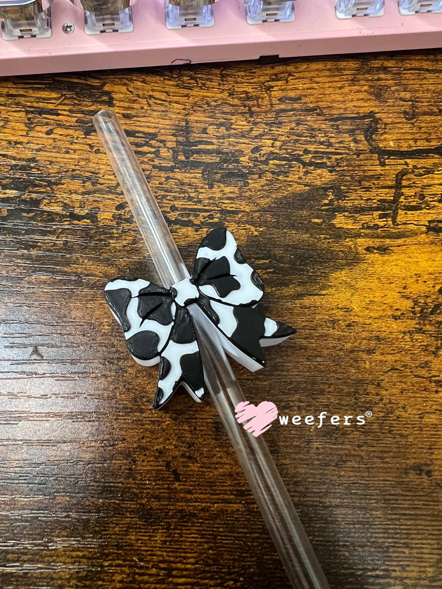 Black and White Cow Print Bow Straw Topper Buddy Weefers