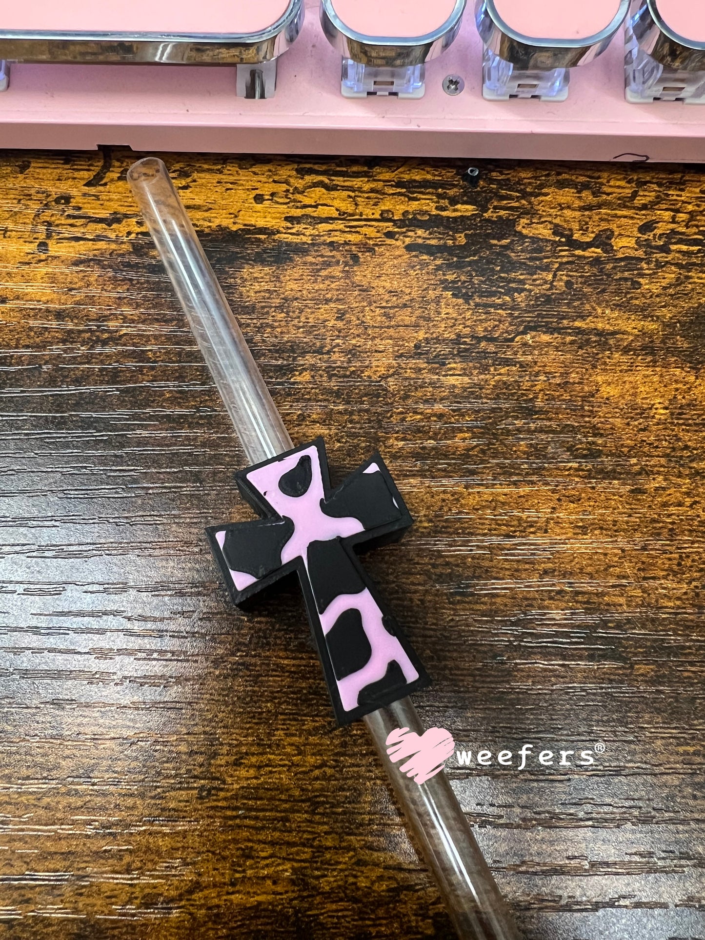 Pink and Black and White Cow Print Cross Straw Topper Buddy Weefers