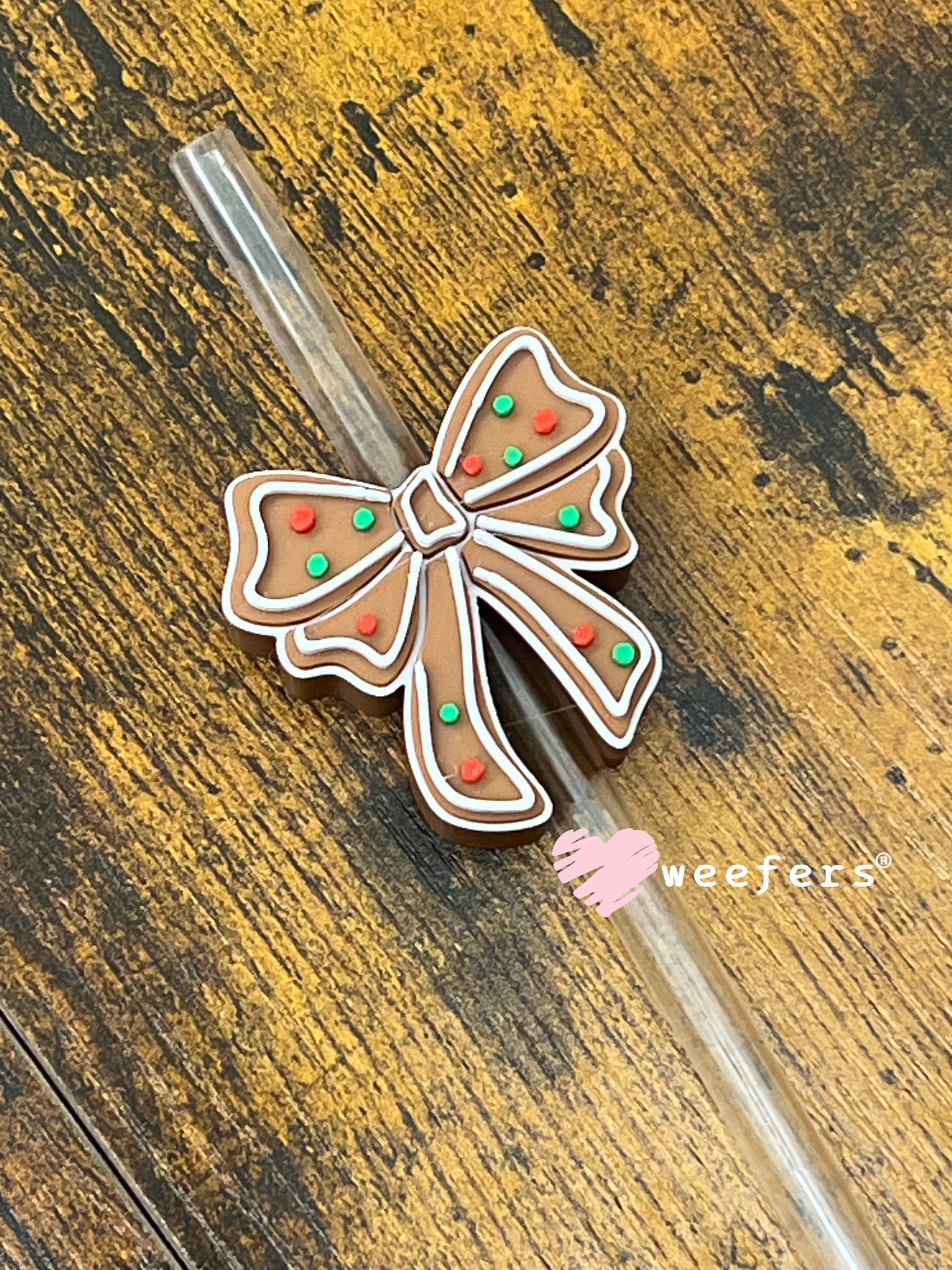 Red and Green Gingerbread Bow Straw Topper Buddy Weefers