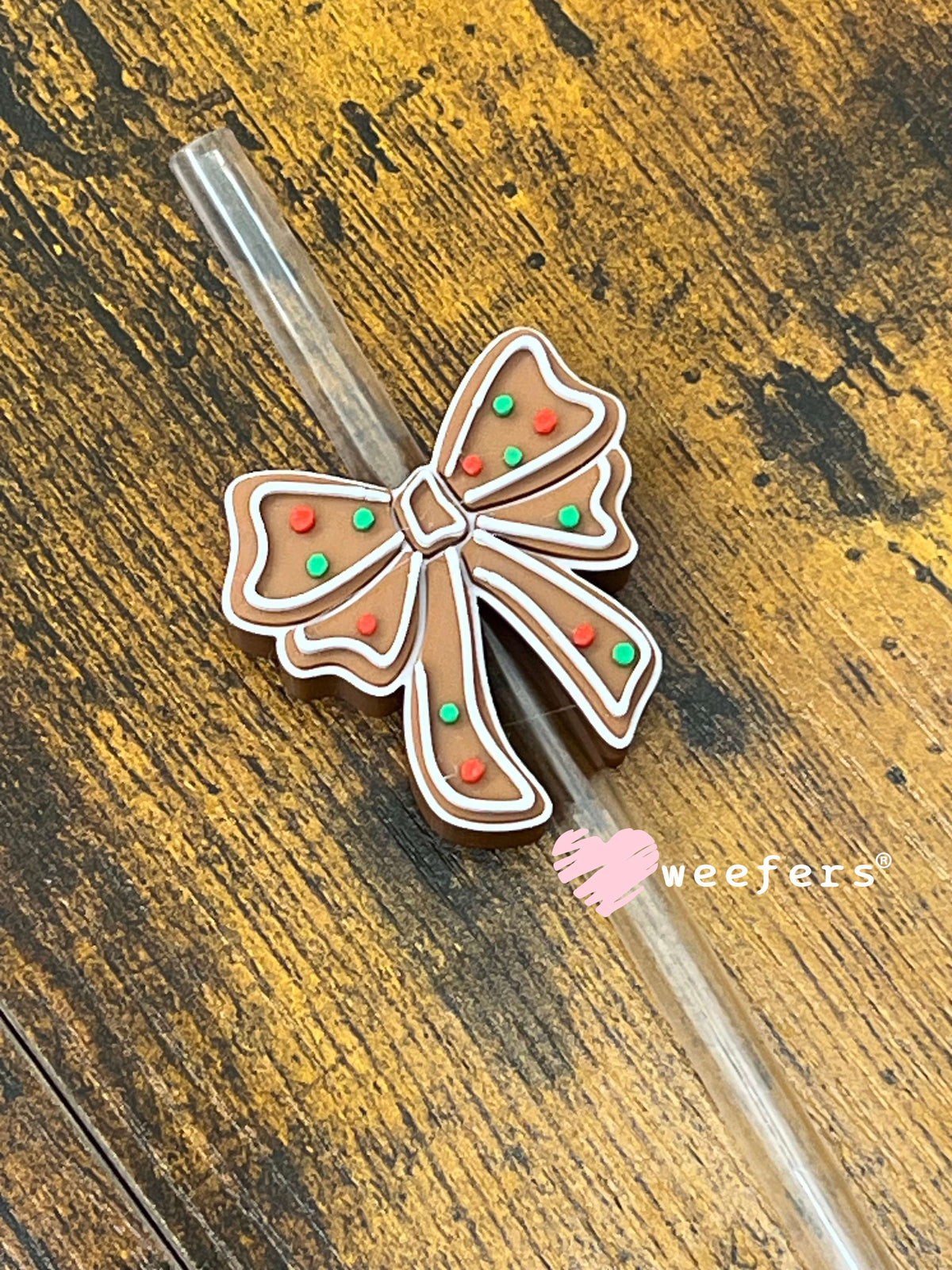 Red and Green Gingerbread Bow Straw Topper Buddy Weefers