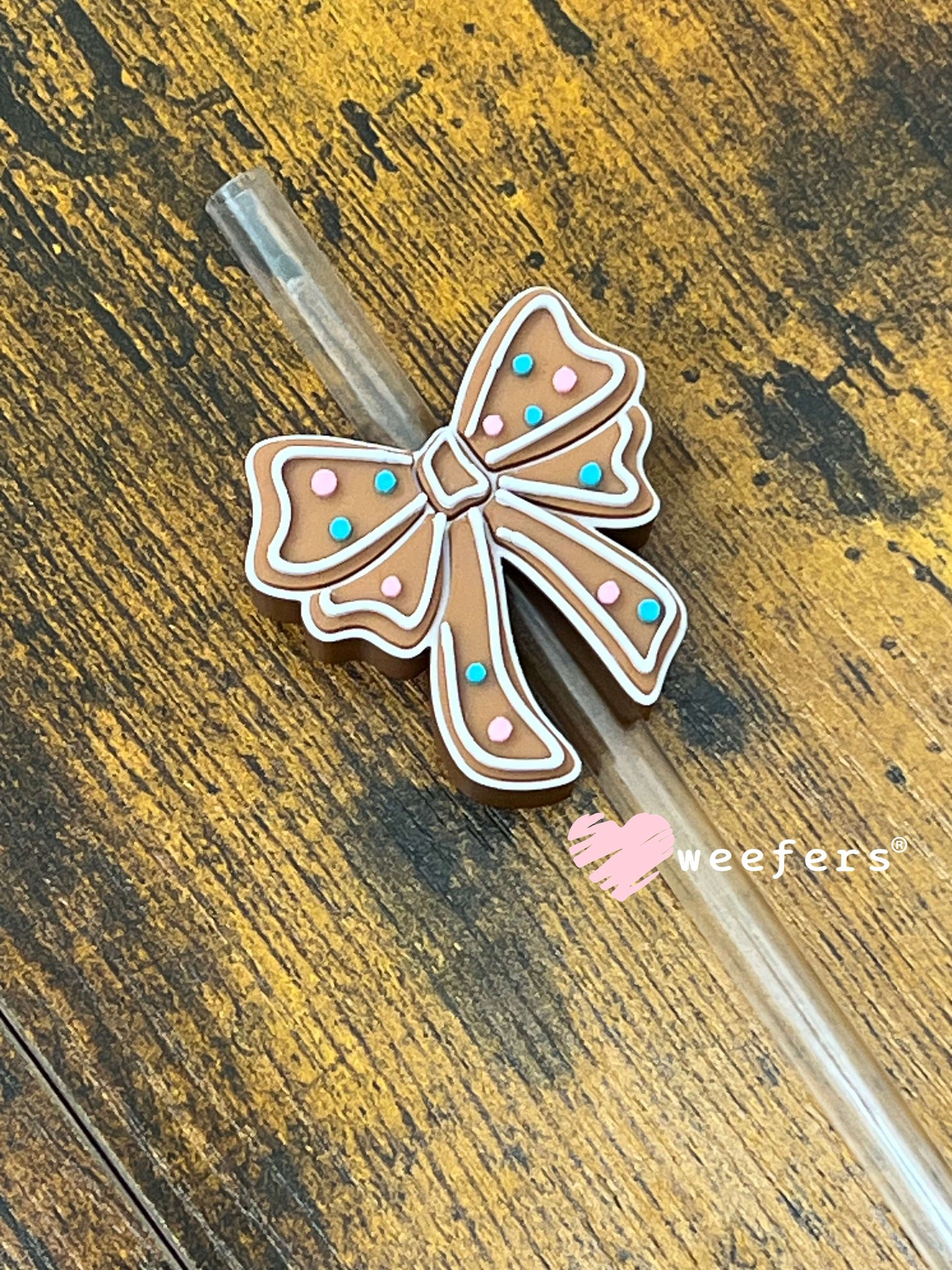 Pink and Blue Gingerbread Bow Straw Topper Buddy Weefers