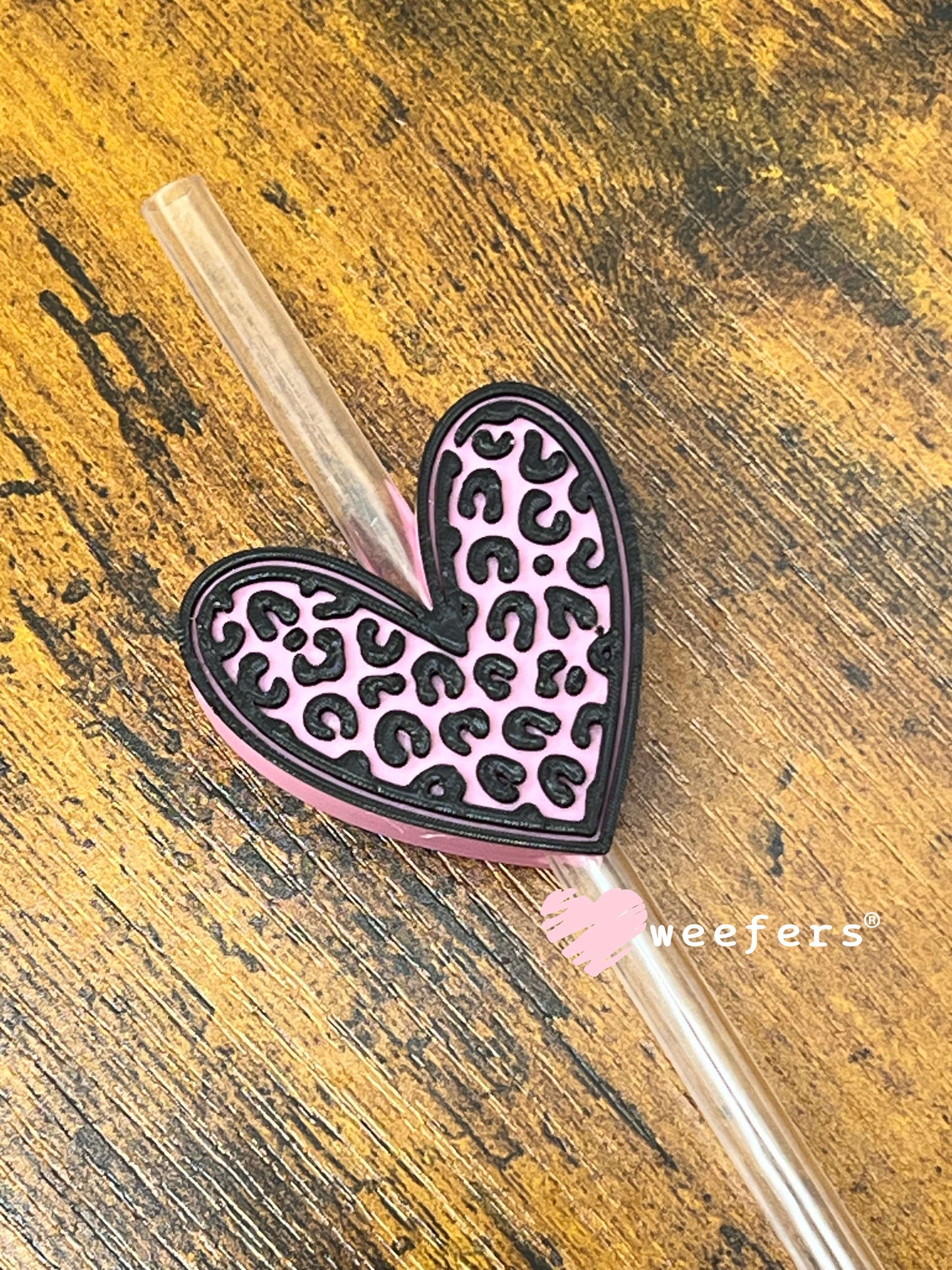 Pink Cheetah Print Heart Straw Topper Buddy (Fits both 8mm and 10mm Straws) Weefers