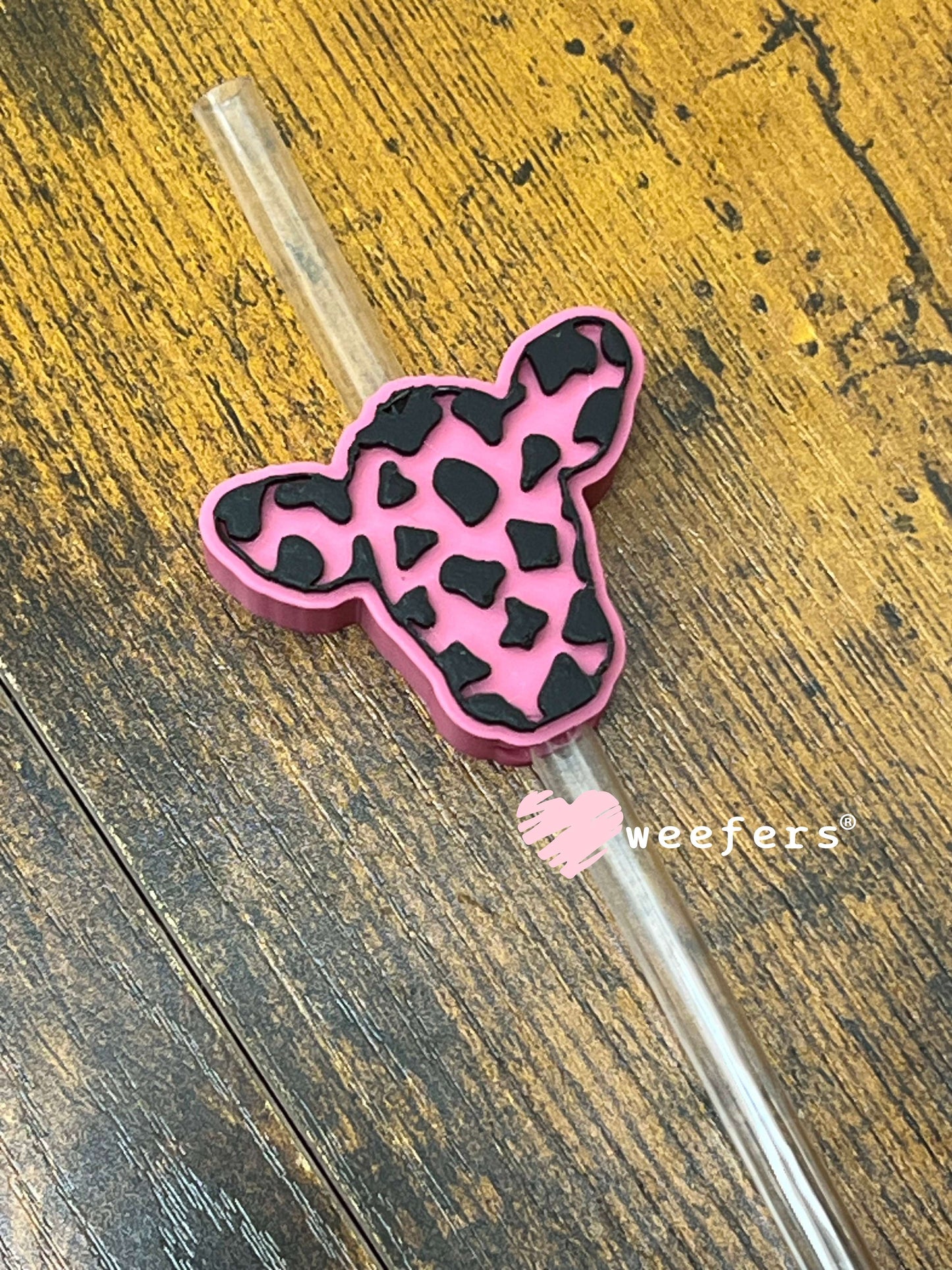 Pink and Black Cow Head Print Heart Straw Topper Buddy Weefers