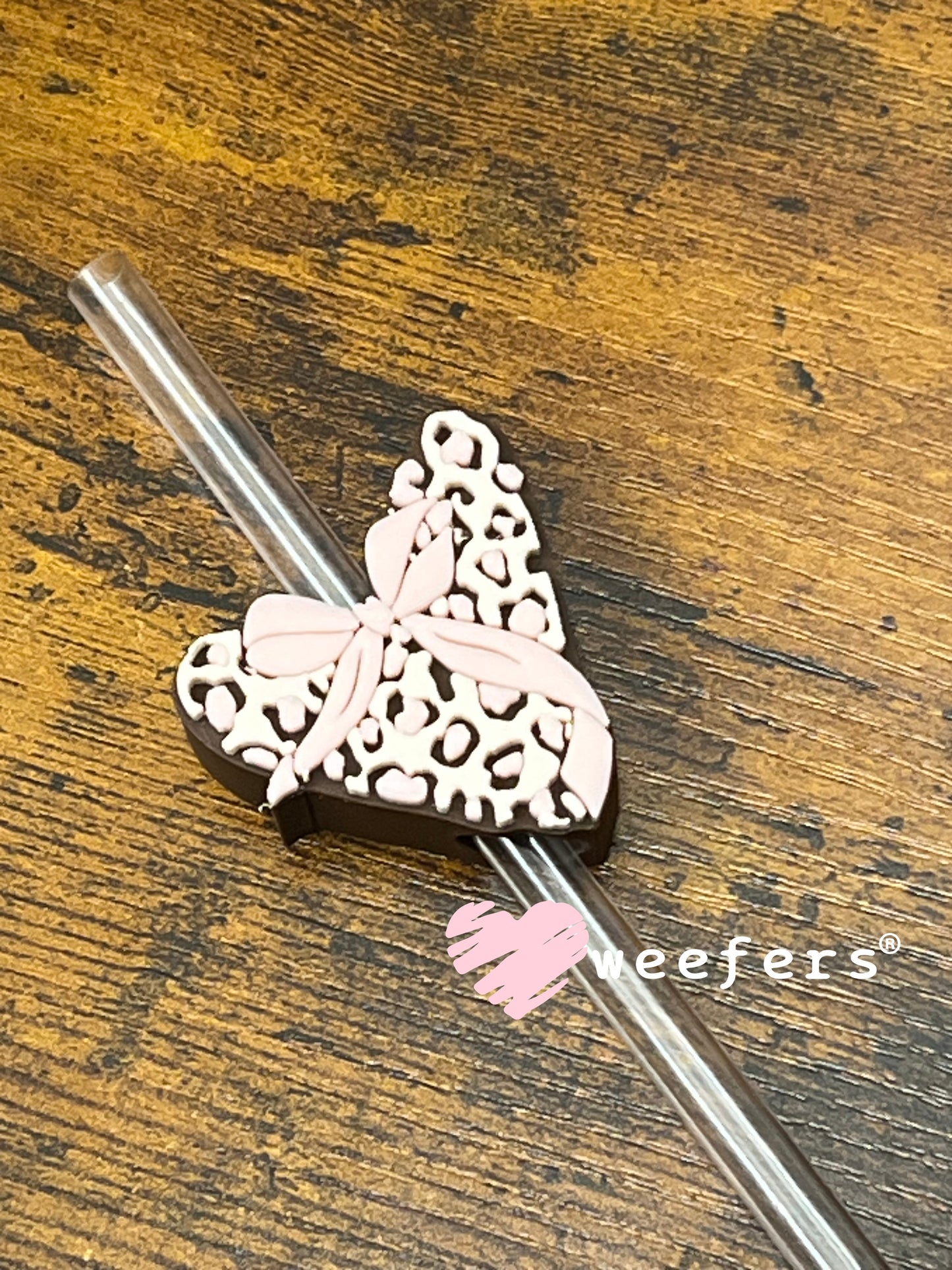Straw Topper Buddy - Leopard Heart Pink and Brown Weefers