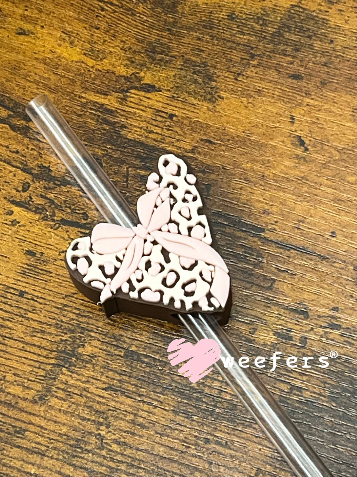 Straw Topper Buddy - Leopard Heart Pink and Brown Weefers