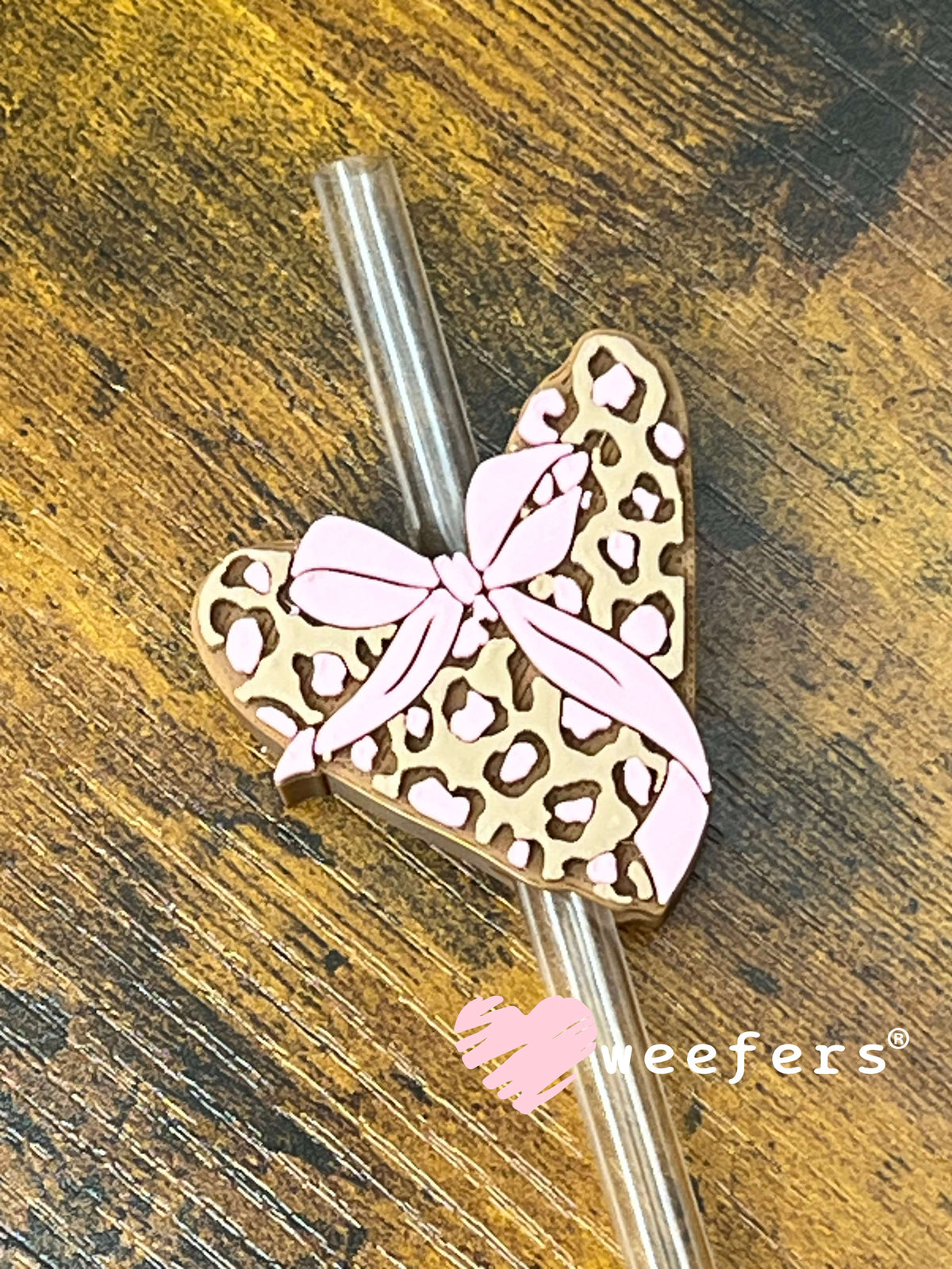 Straw Topper Buddy - Pink Tan Brown Leopard Heart Weefers