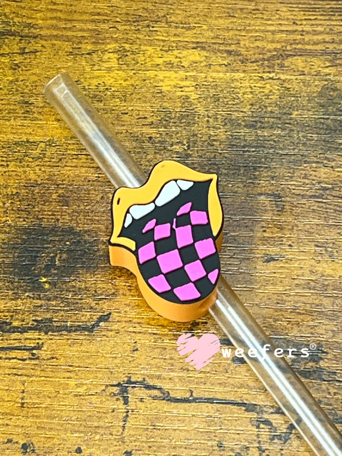 Straw Topper Buddy - Orange Black and Pink Checkered Tongue (Fits both 8mm and 10mm straws) Weefers