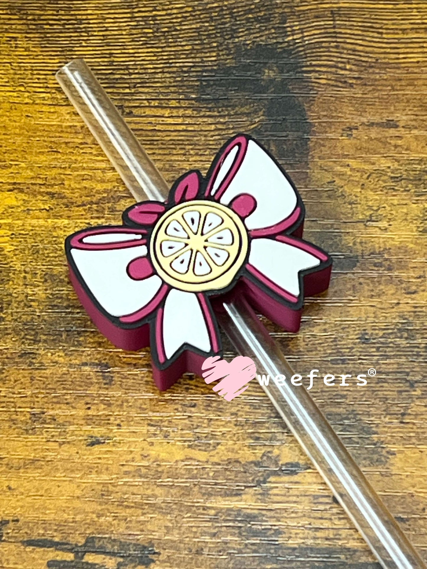 Straw Topper Buddy - Burgundy Bow Lemon Center (Fits both 8mm and 10mm straws) Weefers