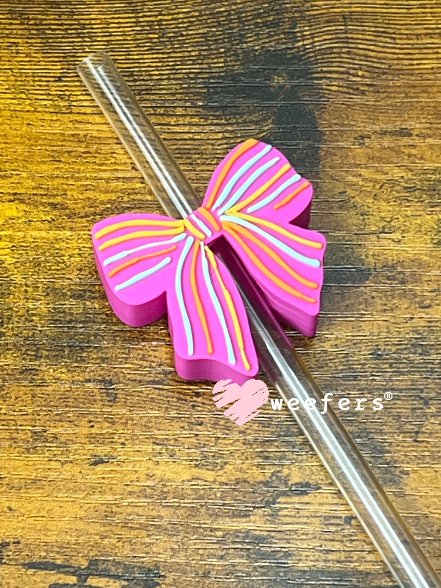 Straw Topper Buddy - Magenta Striped Bow (Fits both 8mm and 10mm straws) Weefers