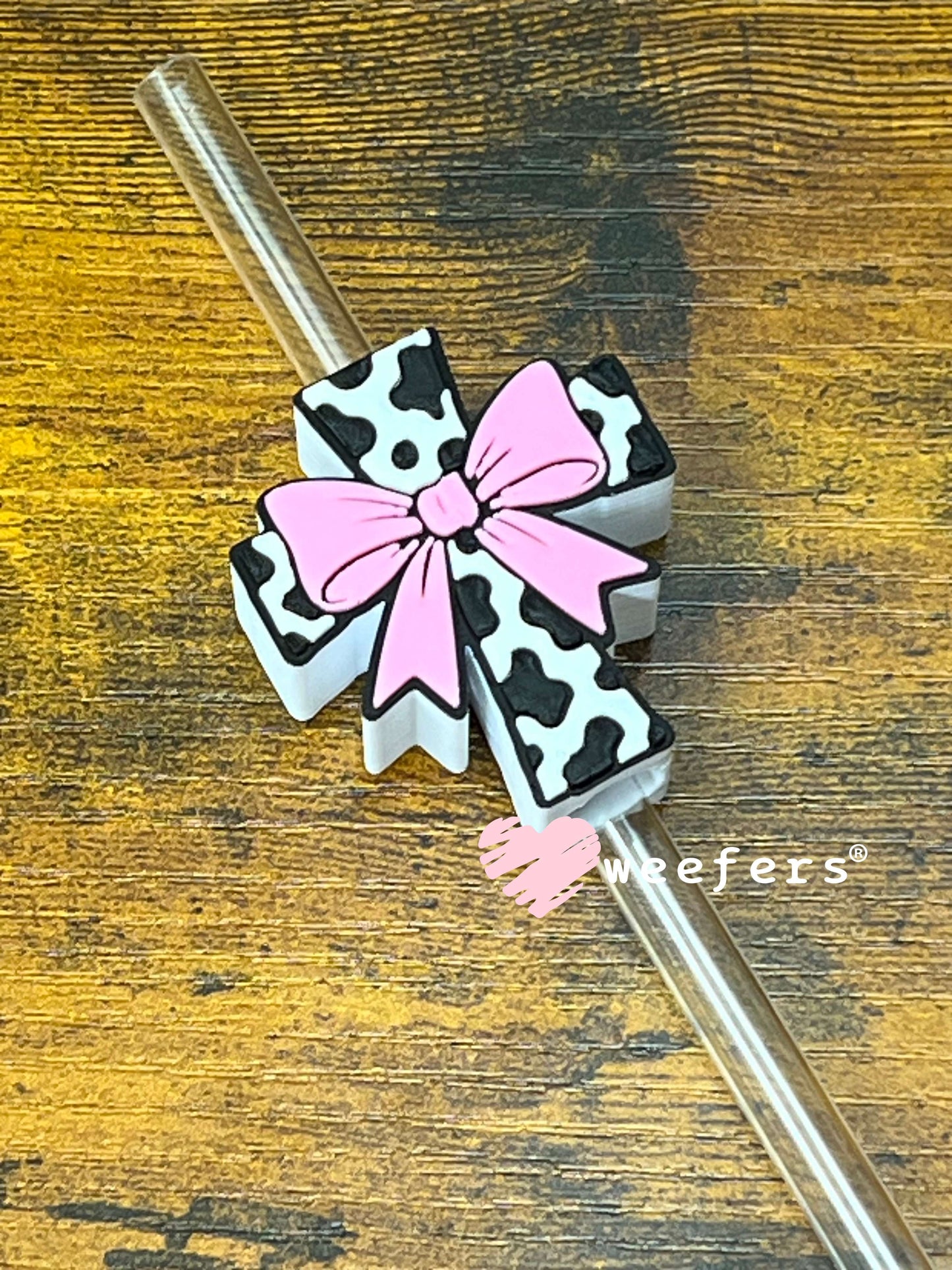Straw Topper Buddy - Cross Cow Print Pink Bow (Fits both 8mm and 10mm straws) Weefers