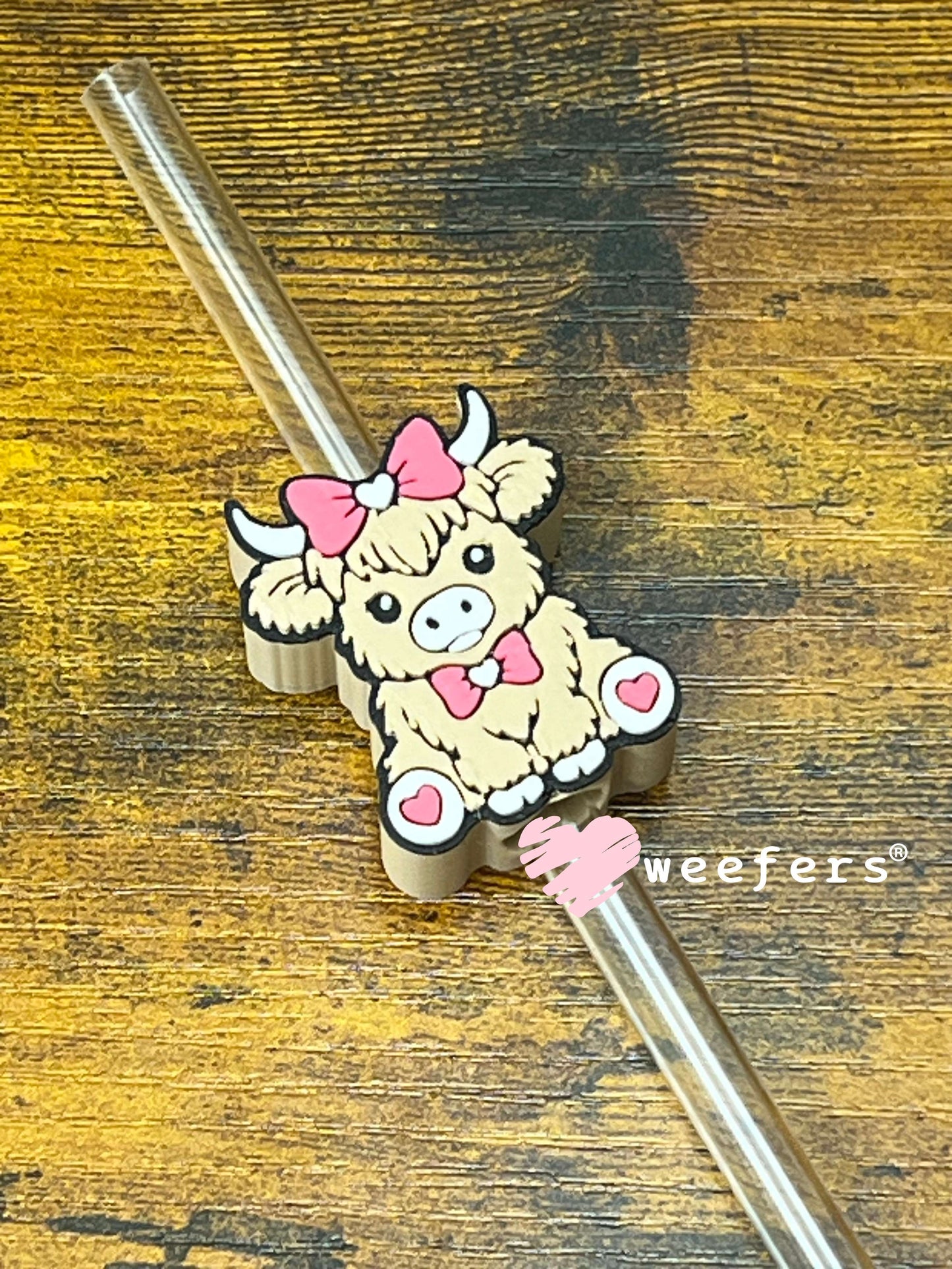 Straw Topper Buddy - Highlander Cow Tan Hot Pink Bow (Fits both 8mm and 10mm straws) Weefers
