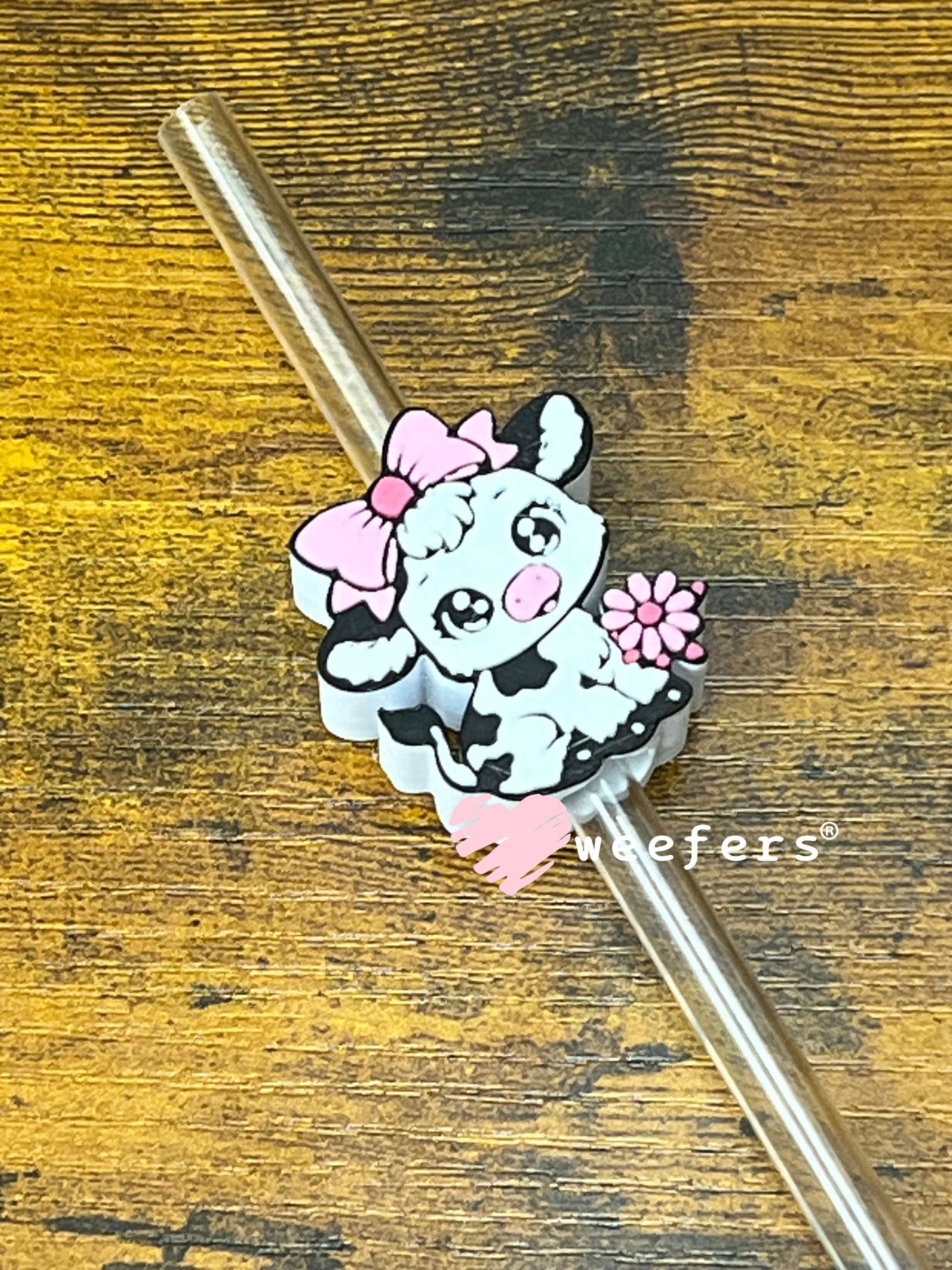 Straw Topper Buddy - Black and White Cow Pink Bow (Fits both 8mm and 10mm straws) Weefers