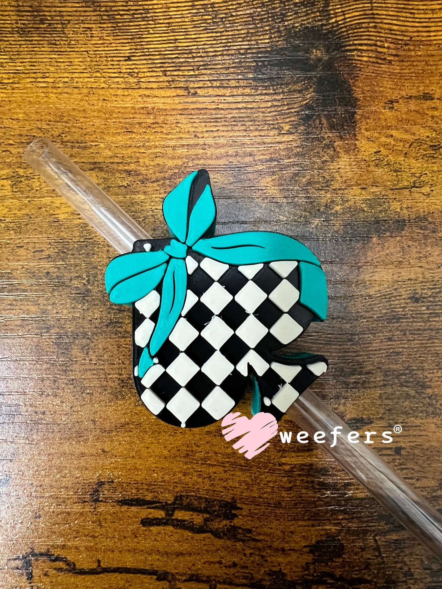 Straw Topper Buddy - Turquoise Checkered Spade (Fits both 8mm and 10mm straws) Weefers