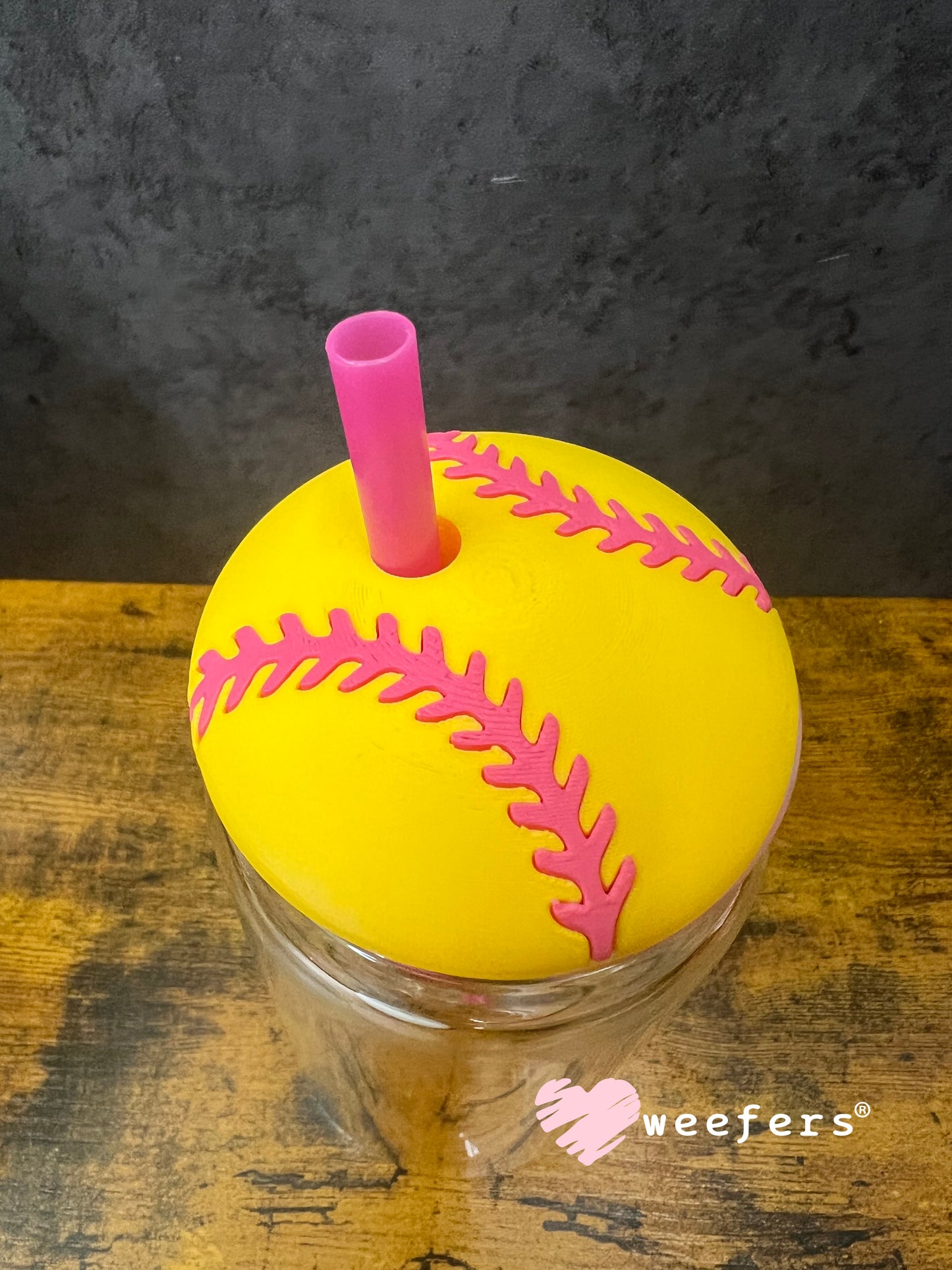 Lid Topper Buddy - Softball Yellow Pink (fits 16oz Glass Cups) Weefers