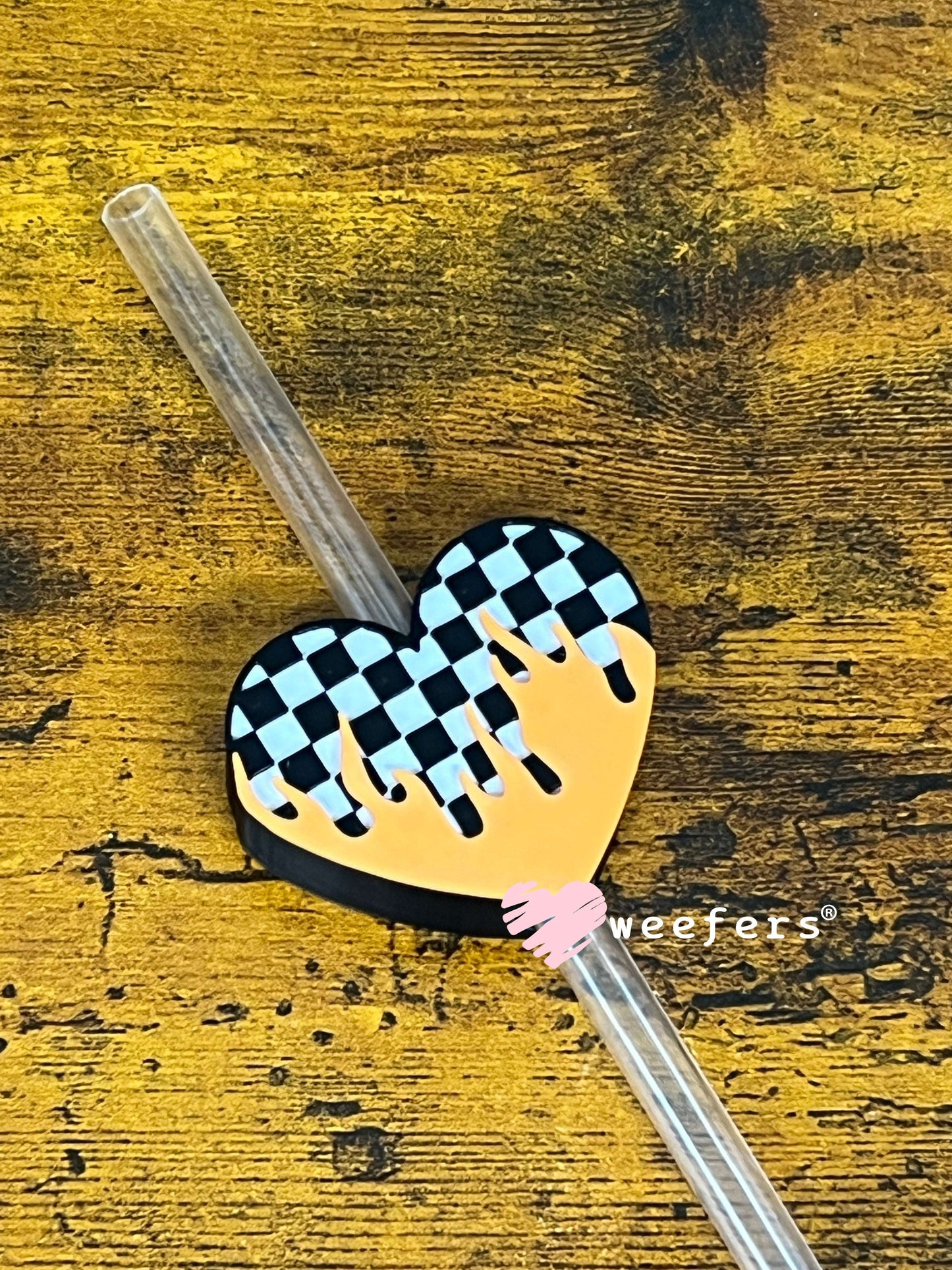 Checkered Heart Orange Flame - Straw Topper Buddy (Fits both 8mm and 10mm straws) Weefers