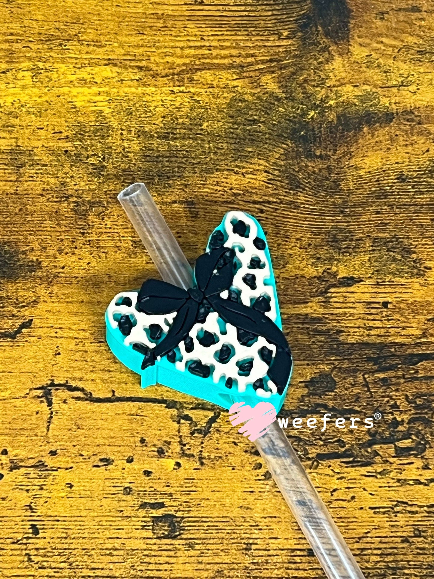 Leopard Heart Turquoise - Straw Topper Buddy (Fits both 8mm and 10mm straws) Weefers