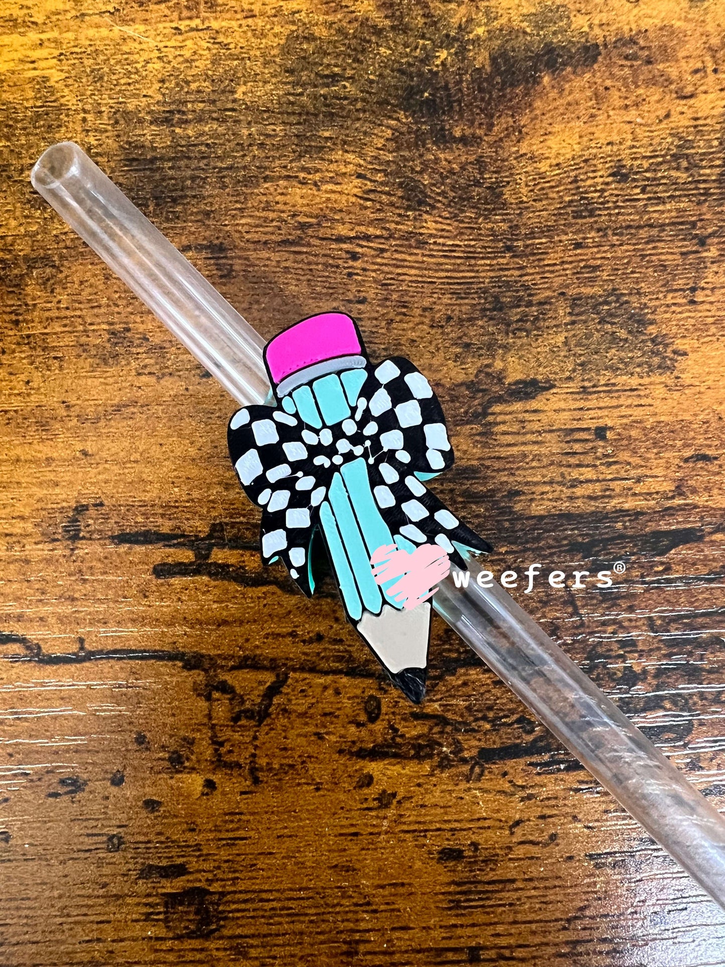 Teacher Checkered Pencil Mint and Pink - Straw Topper Buddy (Fits both 8mm and 10mm straws) Weefers