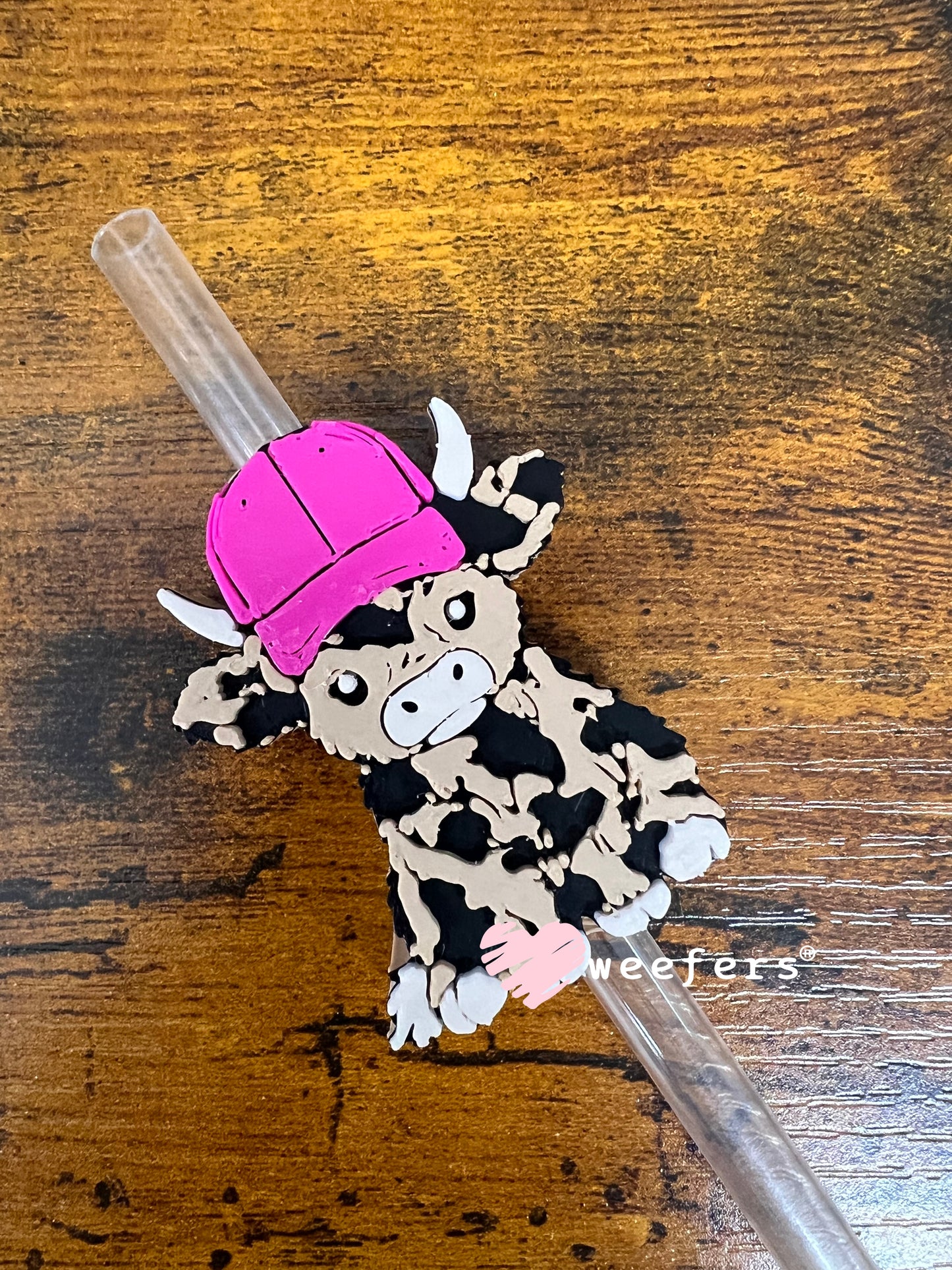 Cow with Pink Hat - Straw Topper Buddy (Fits both 8mm and 10mm straws)