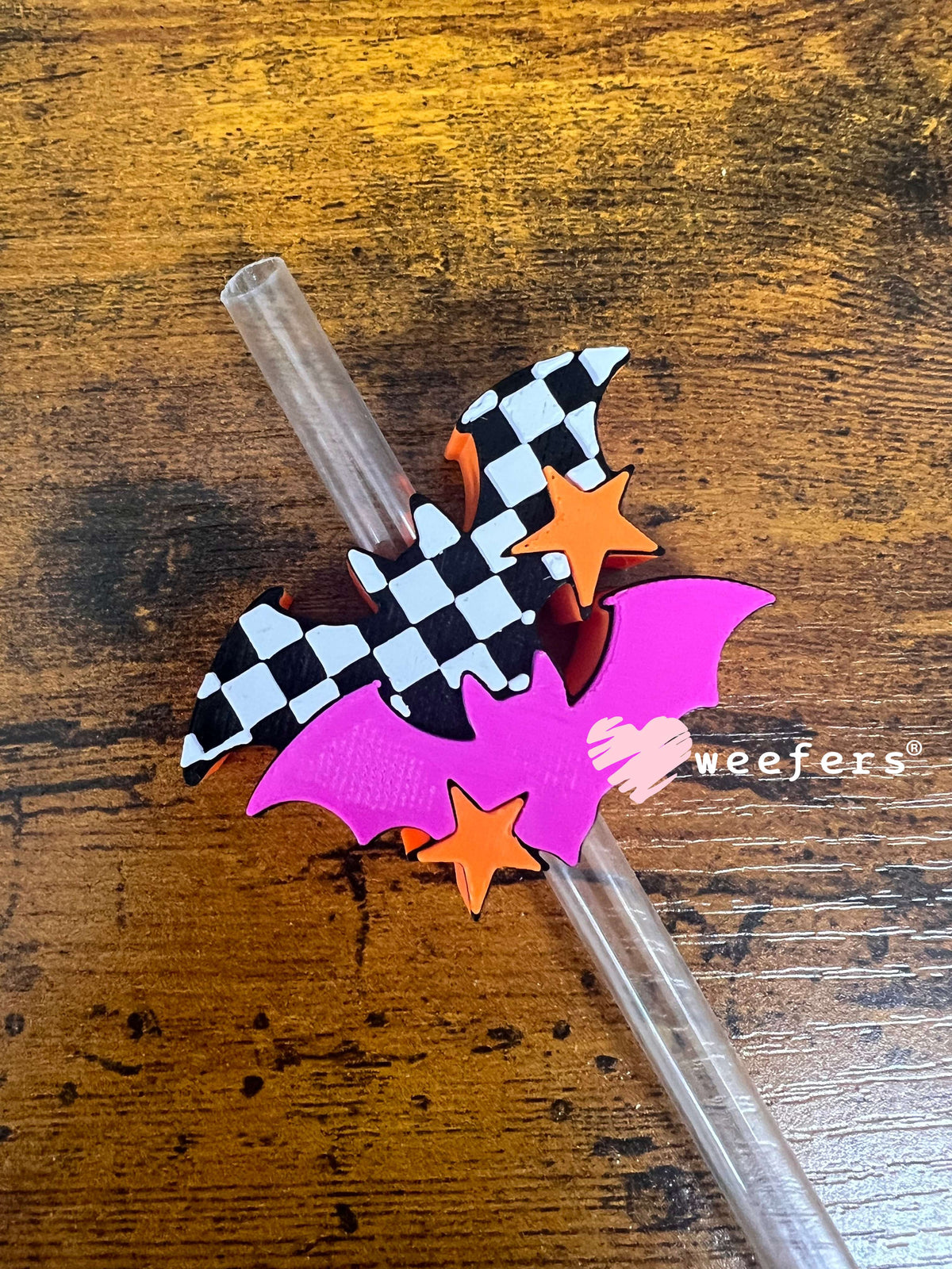 Checkered Double Bat Orange Hot Pink - Straw Topper Buddy (Fits both 8mm and 10mm straws) Weefers