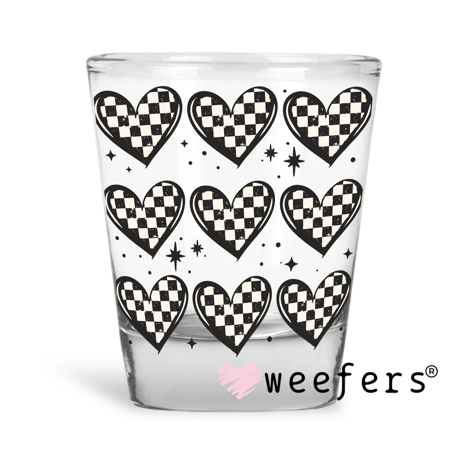 Checkered Hearts UV DTF Decal Shot Glass Heavy Base Weefers