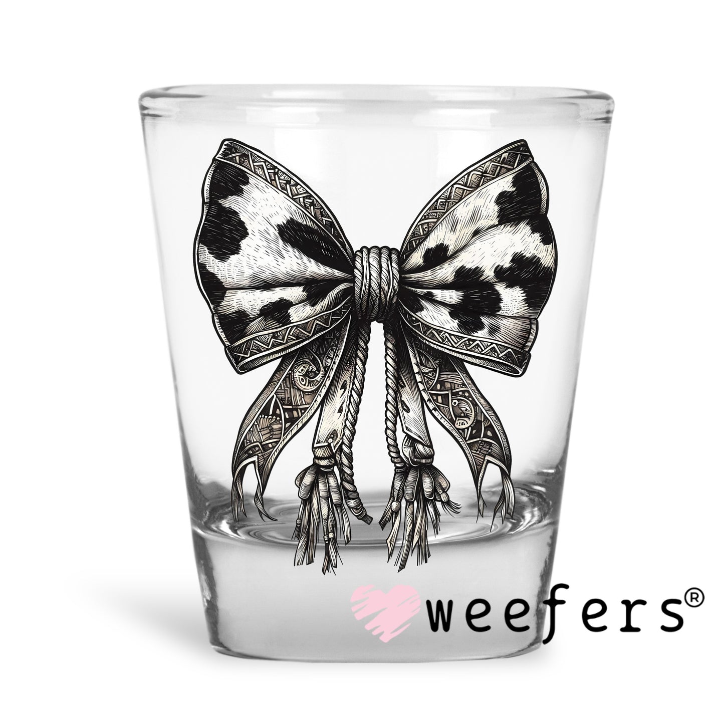Western Silver and Black Cow Print Bow UV DTF Decal Shot Glass Heavy Base Weefers