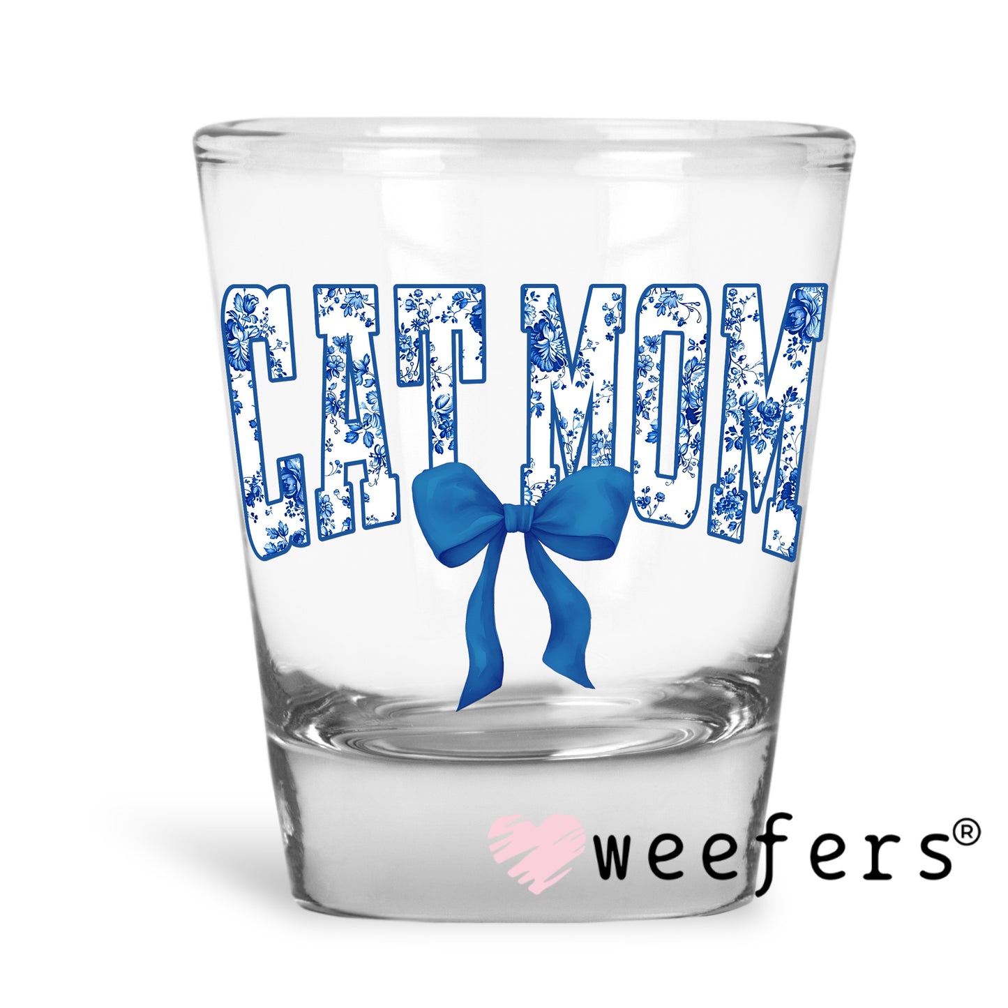 Cat Mom Blue Toile Bow UV DTF Decal Shot Glass Heavy Base Weefers