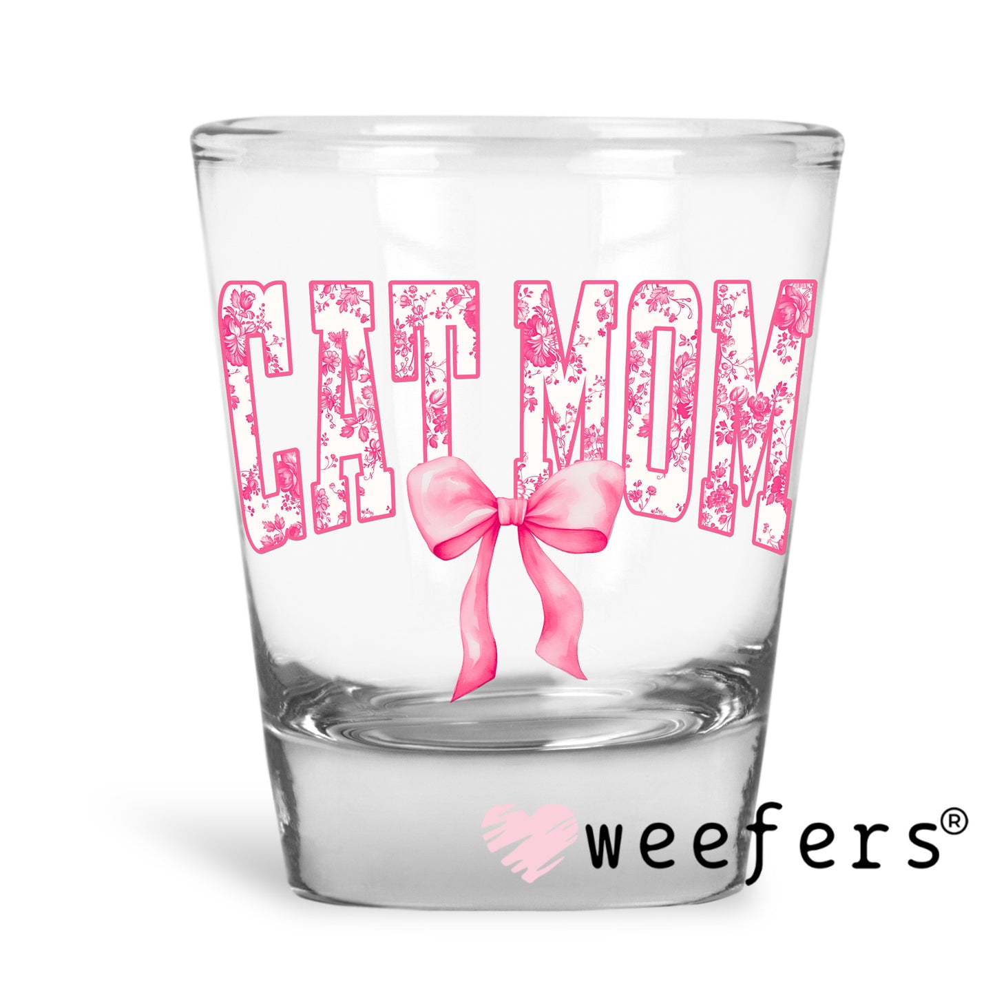 Cat Mom Pink Toile Bow UV DTF Decal Shot Glass Heavy Base Weefers