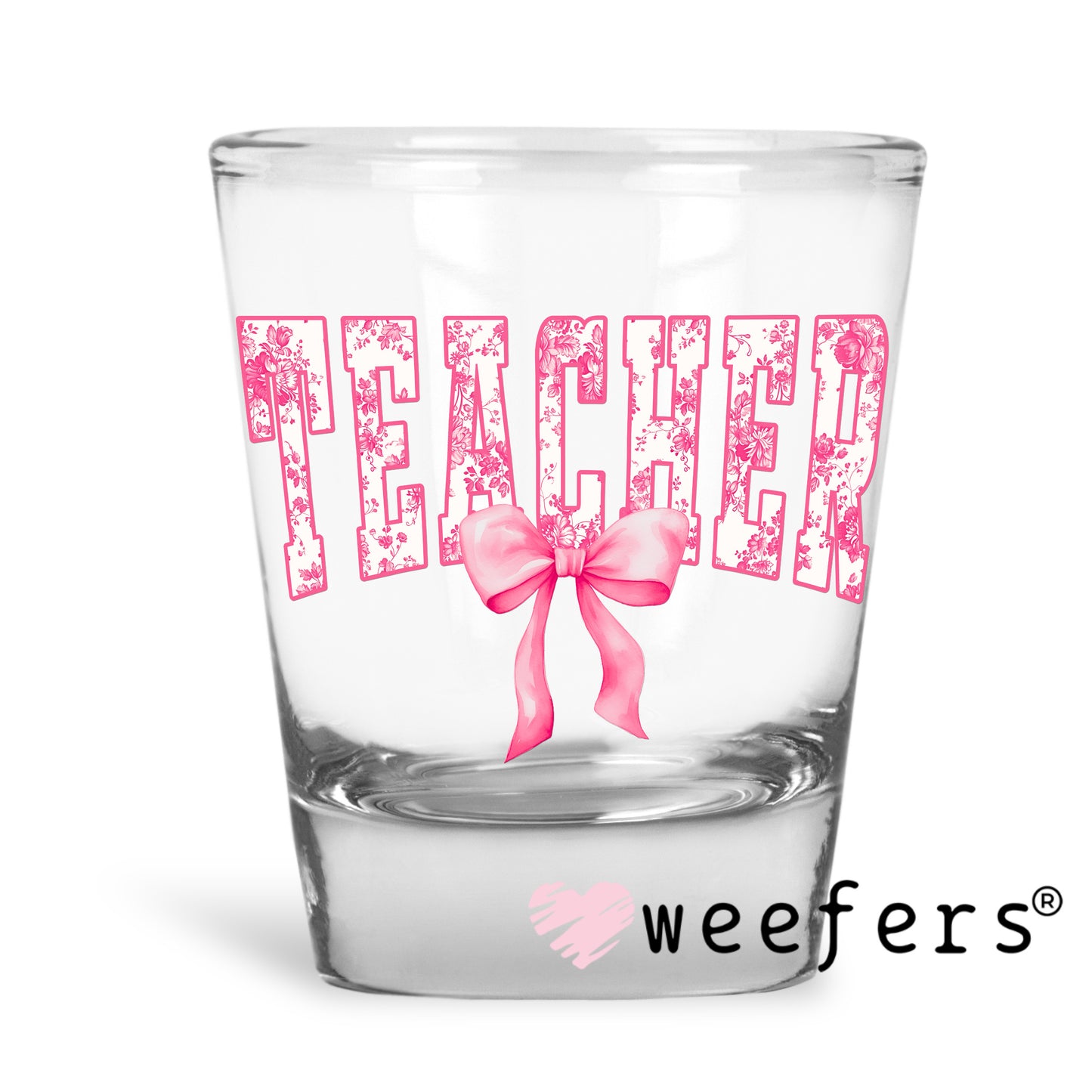 Teacher Pink Toile Bow UV DTF Decal Shot Glass Heavy Base Weefers
