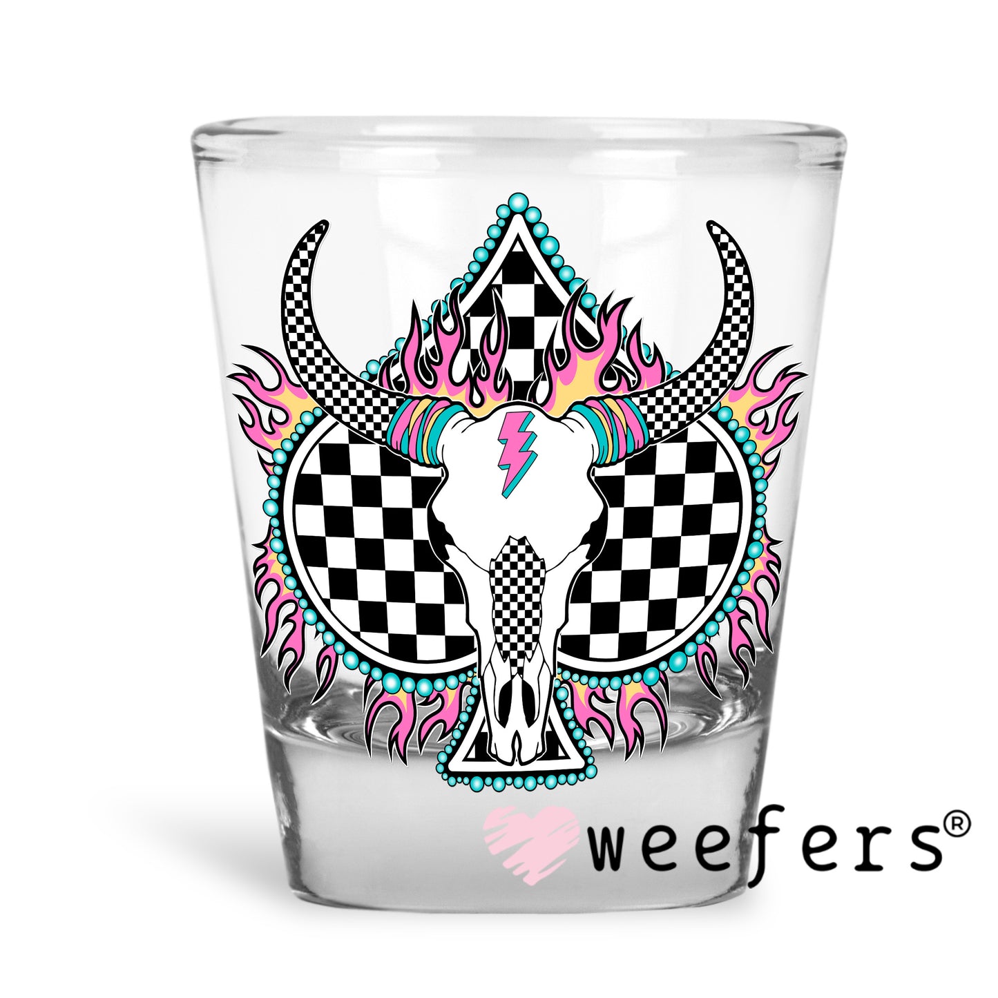 Cow Skull Checkered Heart Pink Flames Western UV DTF Decal Shot Glass Heavy Base Weefers