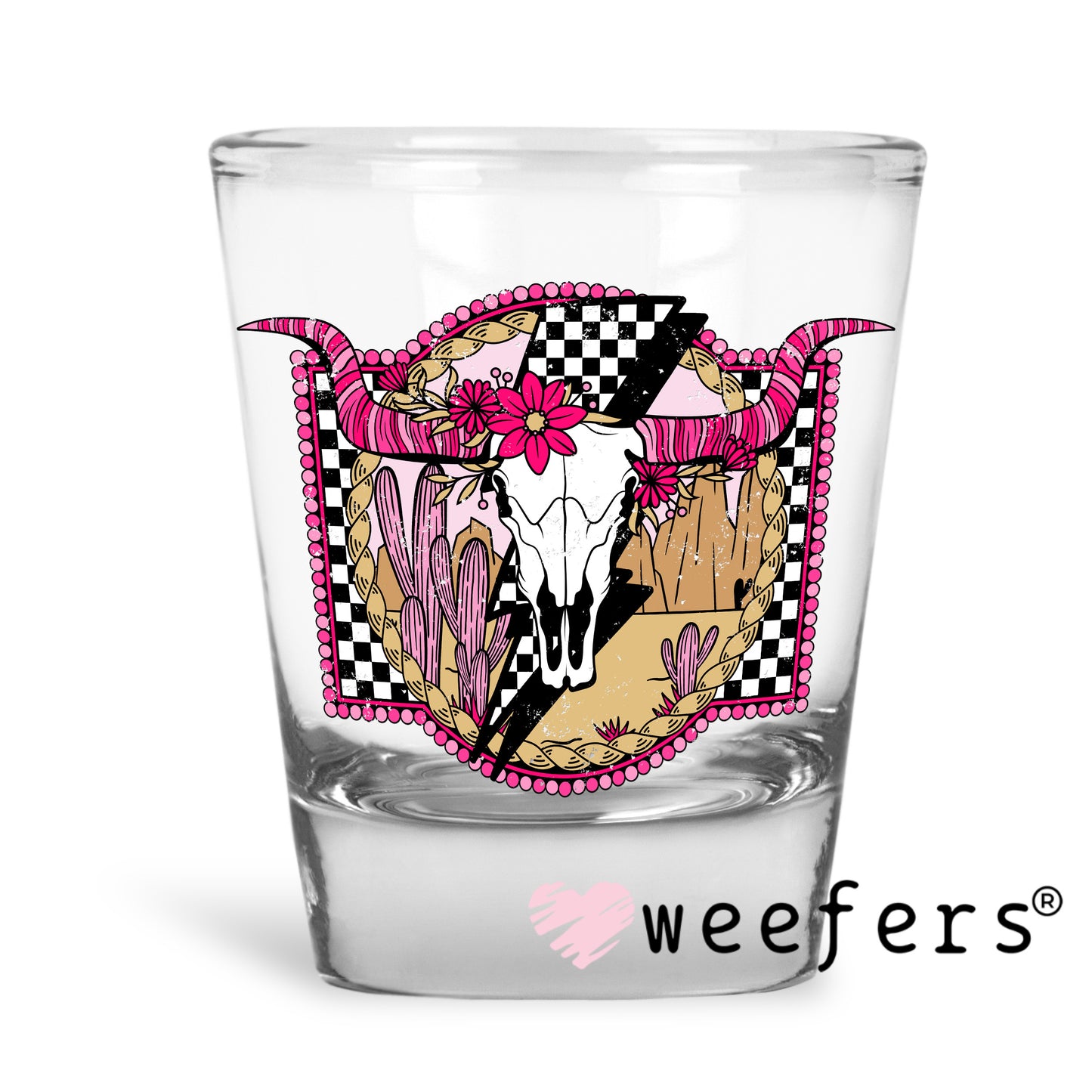 Cow Skull Pink Horns Western UV DTF Decal Shot Glass Heavy Base Weefers