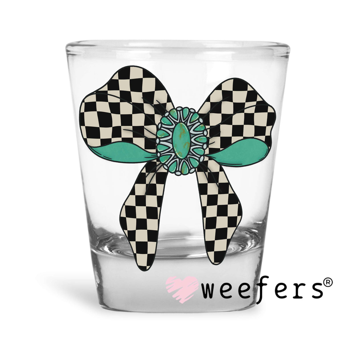Checkered Black Bow Turquoise UV DTF Decal Shot Glass Heavy Base Weefers