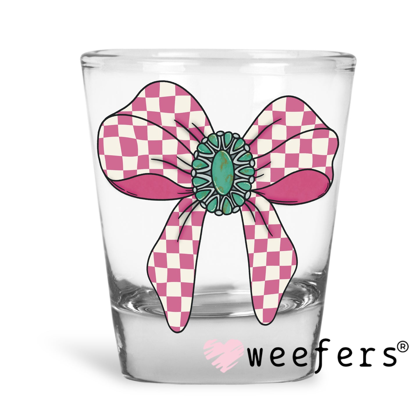 Pink Checkered Bow Turquoise UV DTF Decal Shot Glass Heavy Base Weefers