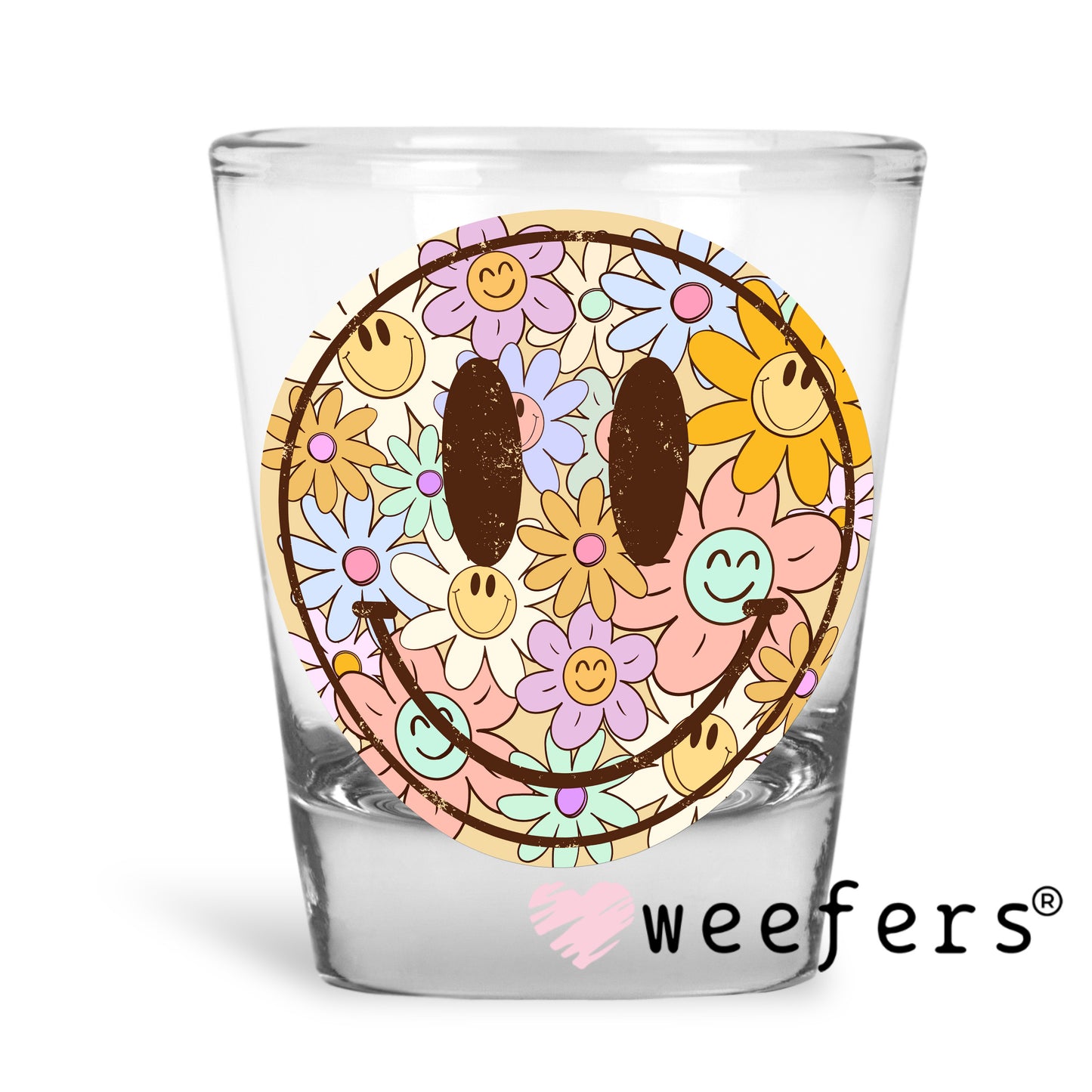 Flower Smile Face UV DTF Decal Shot Glass Heavy Base Weefers
