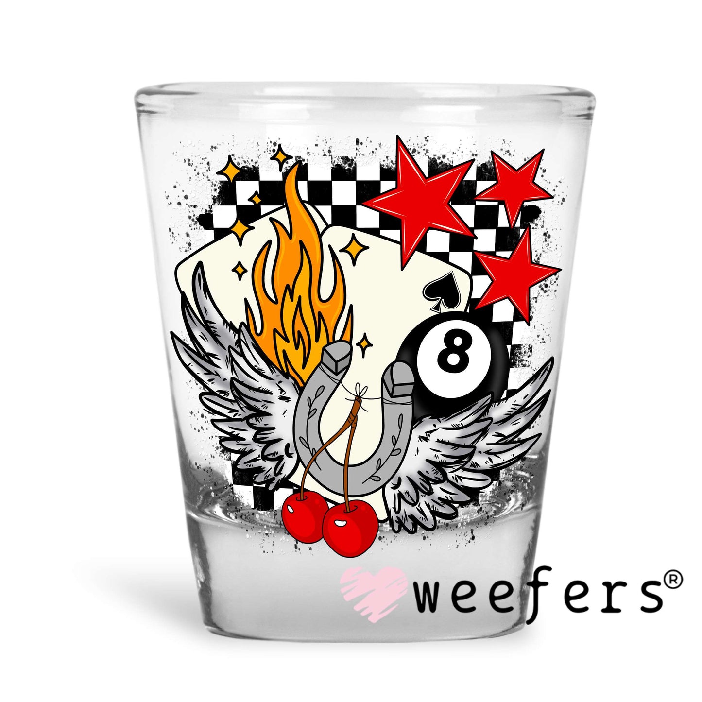 Angle Of Luck Flames and Cherries UV DTF Decal Shot Glass Heavy Base Weefers