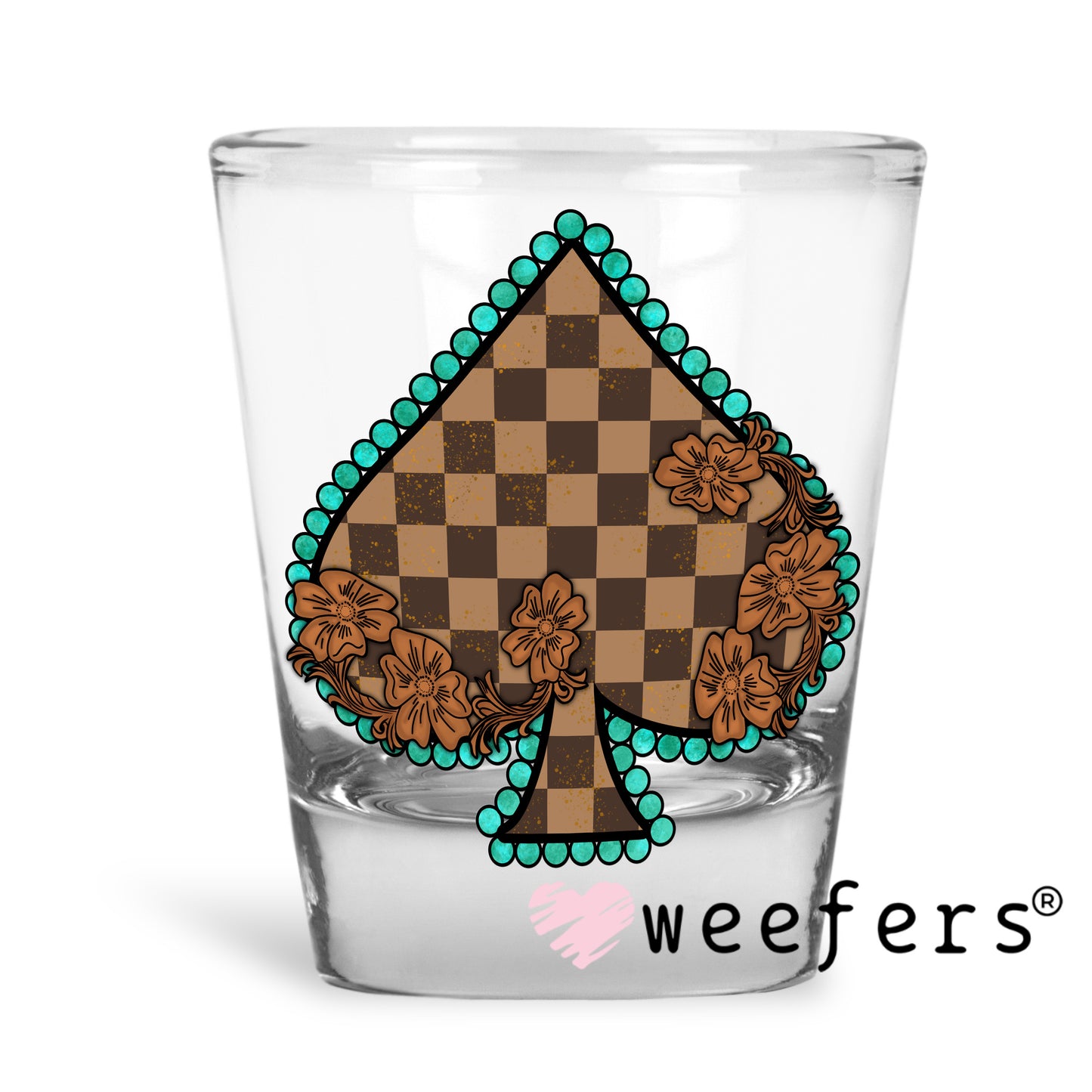 Brown and Turquoise Checkered Spade UV DTF Decal Shot Glass Heavy Base Weefers