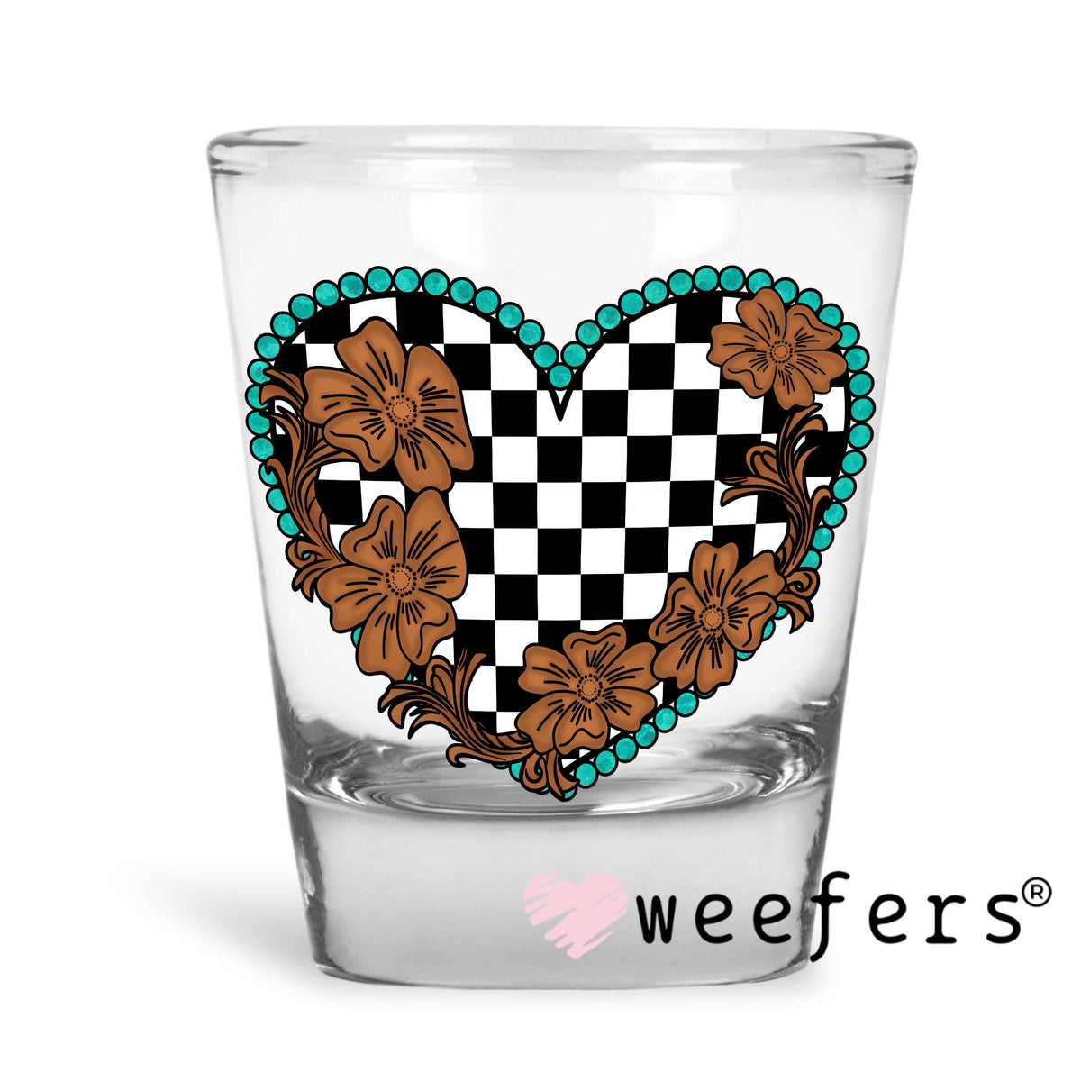 Black Brown and Turquoise Checkered Heart UV DTF Decal Shot Glass Heavy Base Weefers