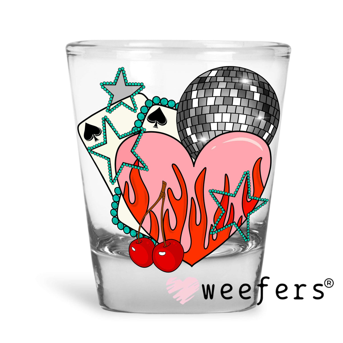 Pink Flame Heart Disco Ball UV DTF Decal Shot Glass Heavy Base Weefers