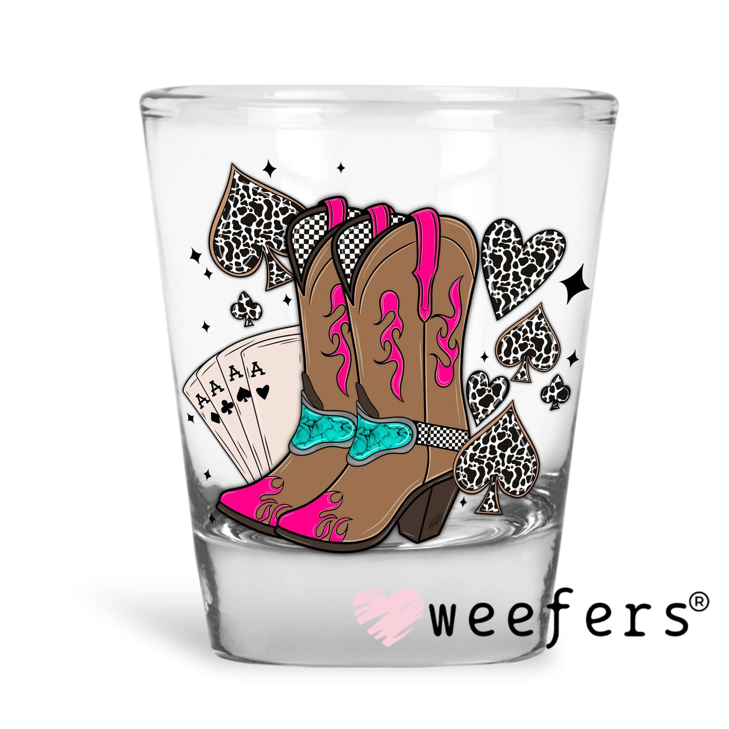 Aces and Cowgirl Boots UV DTF Decal Shot Glass Heavy Base Weefers
