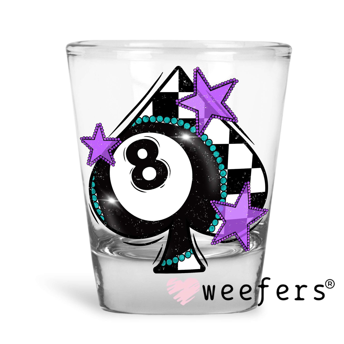 Eight Ball Checkered Spade Purple UV DTF Decal Shot Glass Heavy Base Weefers