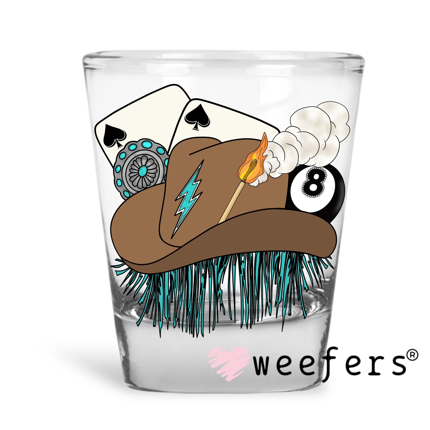Brown Cowgirl hat Eight Ball Western UV DTF Decal Shot Glass Heavy Base Weefers
