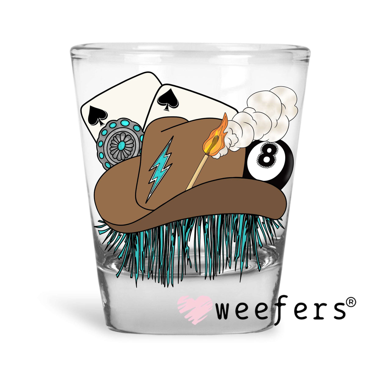 Brown Cowgirl hat Eight Ball Western UV DTF Decal Shot Glass Heavy Base Weefers