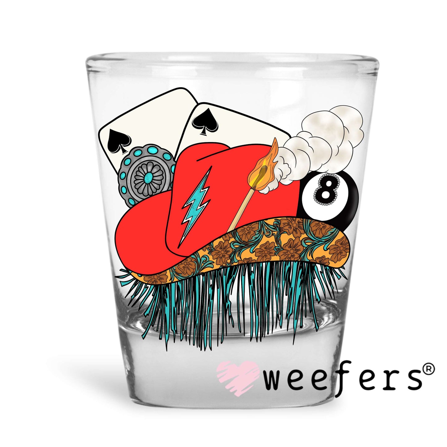 Red Cowgirl hat Eight Ball Western UV DTF Decal Shot Glass Heavy Base Weefers