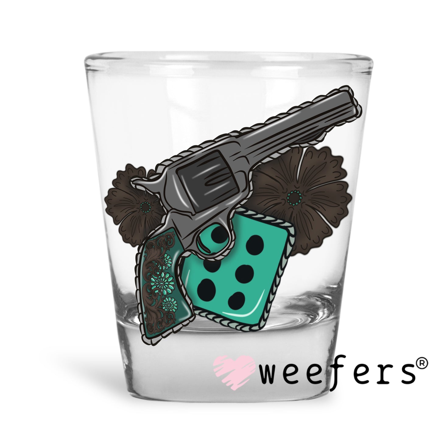 Revolver Turquoise Dice UV DTF Decal Shot Glass Heavy Base Weefers