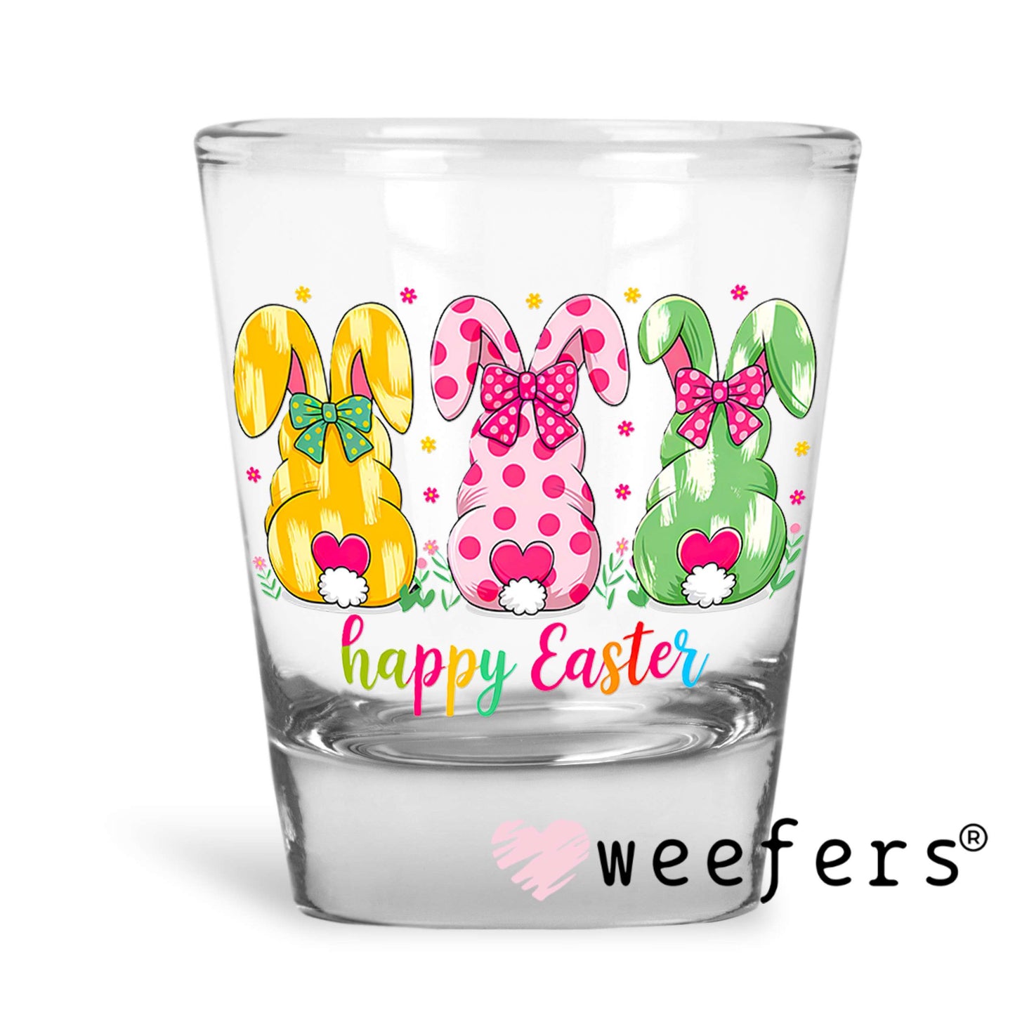 Happy Easter Colorful Bunnies UV DTF Decal Shot Glass Heavy Base Weefers