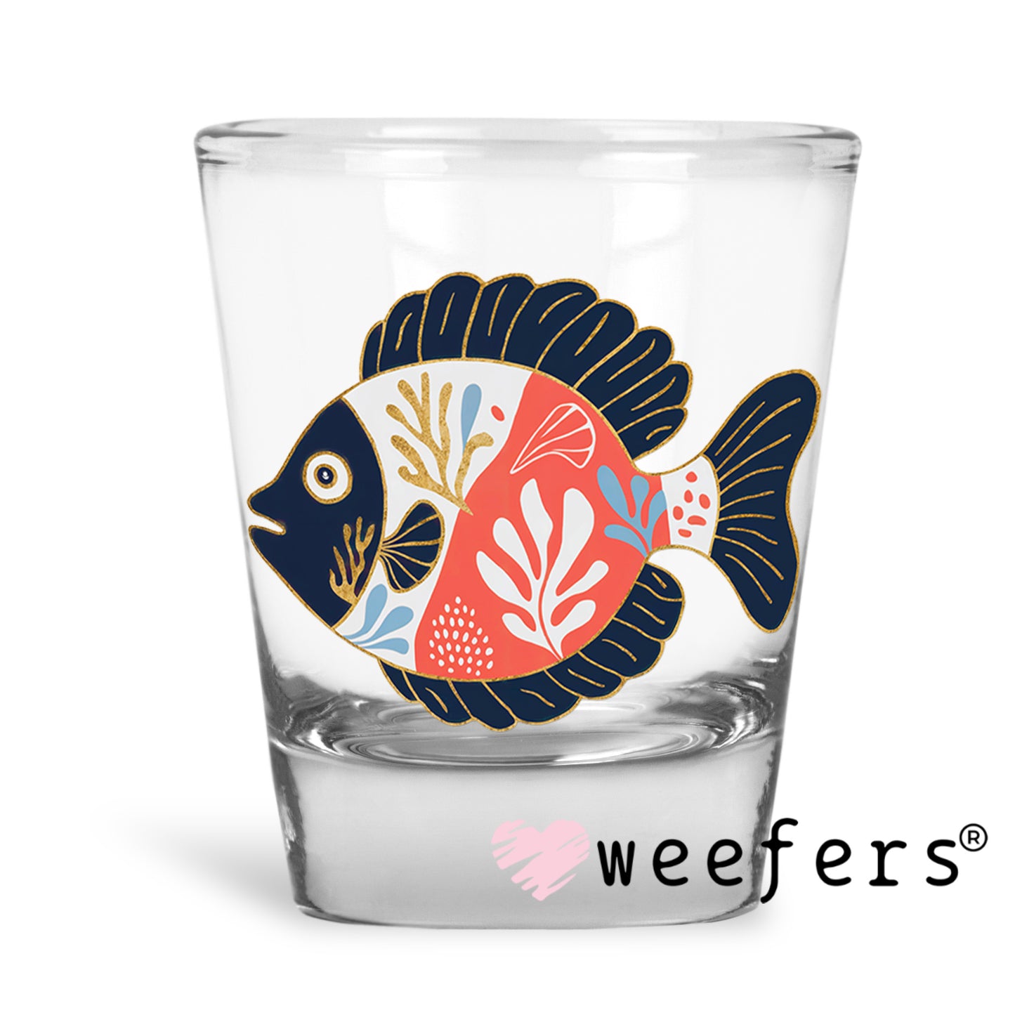 Blue and Coral Fish UV DTF Decal Shot Glass Heavy Base Weefers