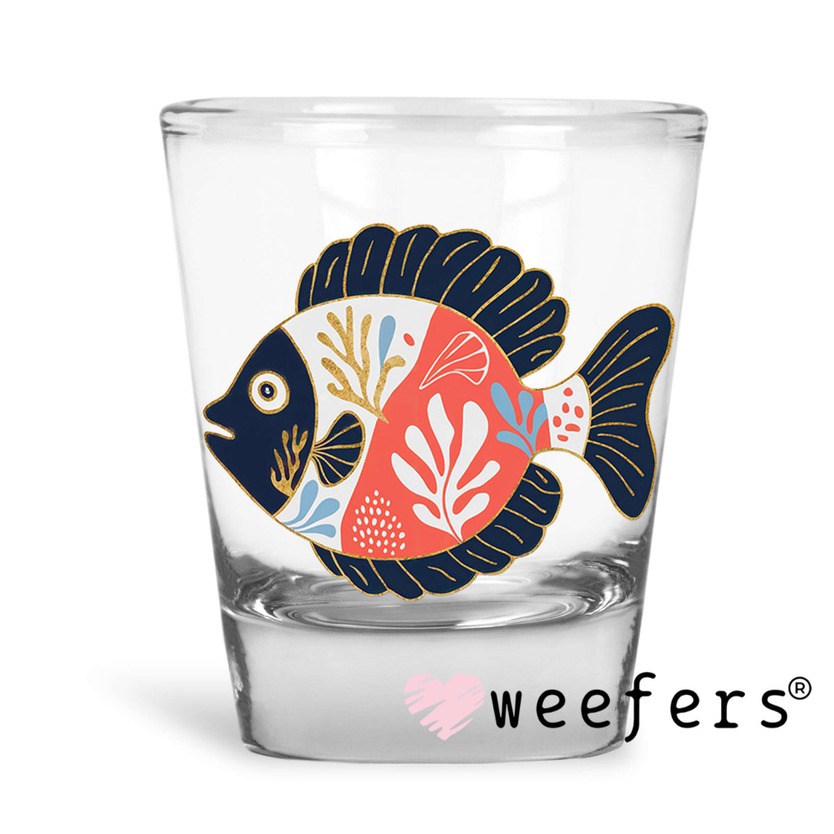 Blue and Coral Fish UV DTF Decal Shot Glass Heavy Base Weefers