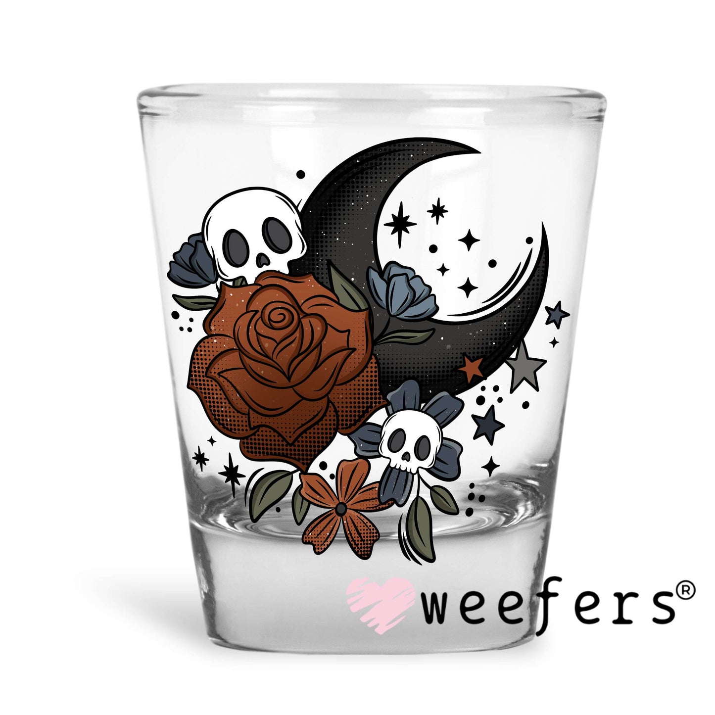 Burgundy Rose Black Moon and Skulls UV DTF Decal Shot Glass Heavy Base Weefers