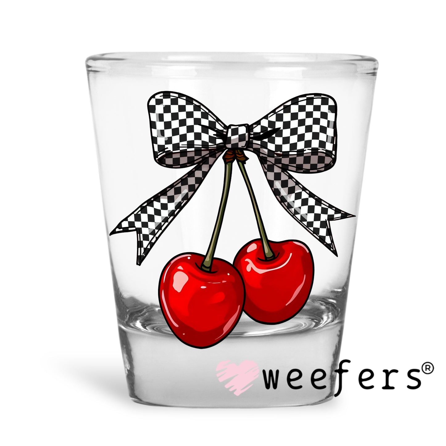 Red Cherries Black Checkered Bow UV DTF Decal Shot Glass Heavy Base Weefers