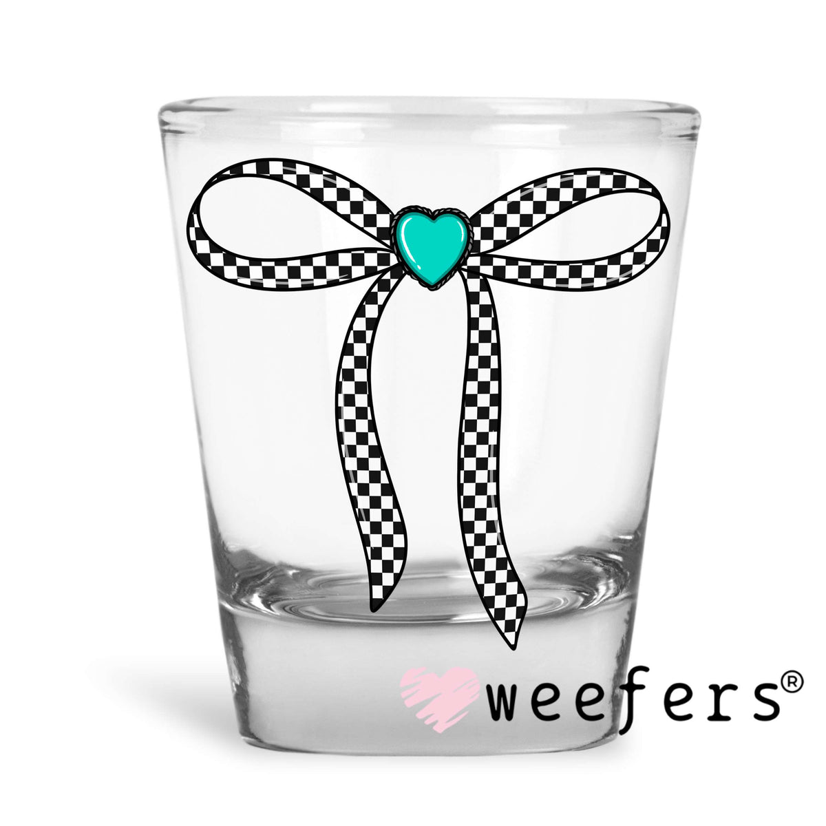 Black Checkered Bow Turquoise Heart UV DTF Decal Shot Glass Heavy Base Weefers